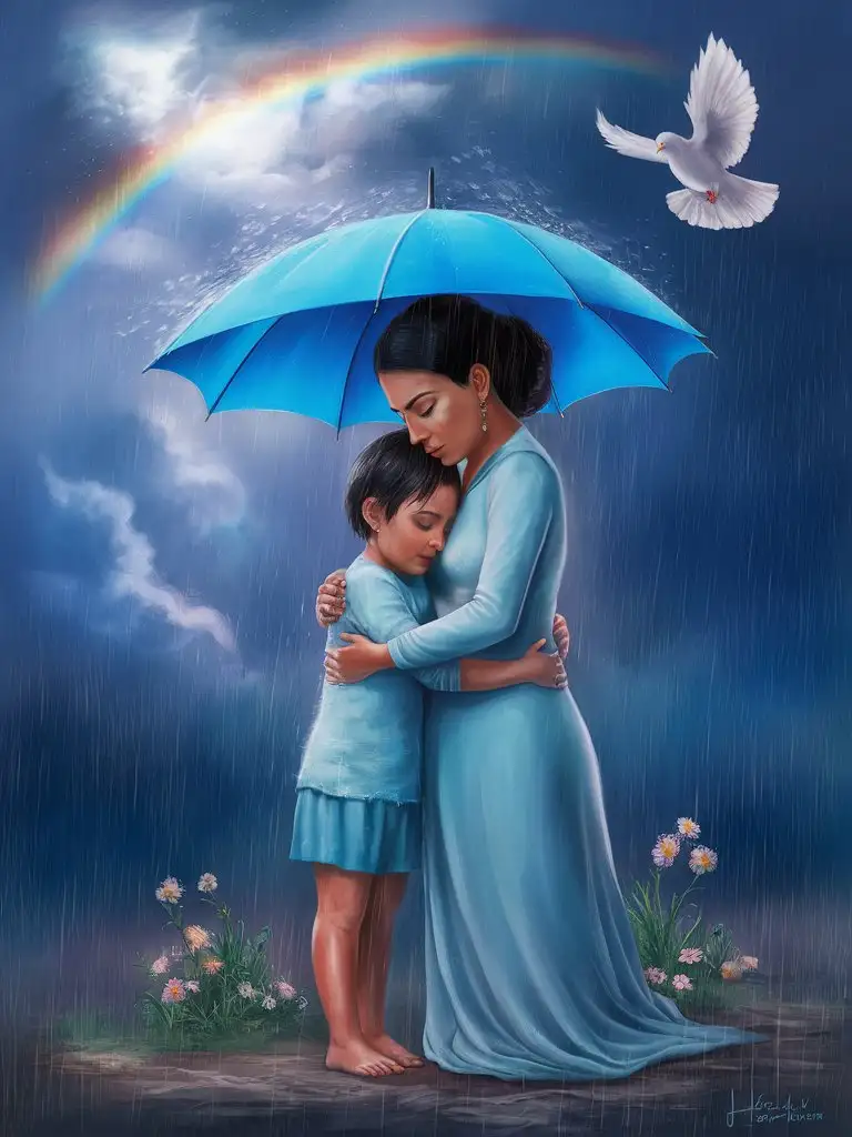 digital painting depicting a beautiful, latina mother and her child seeking comfort (hugging) under a bright blue umbrella during a storm. Both figures are dressed in calming shades of blue, adding to the sense of unity and protection. Above them, a radiant rainbow shines through the turbulent clouds, symbolizing hope and resilience. A peaceful dove gracefully glides across the sky, bringing a feeling of tranquility and peace to the scene. The imagery of the blue hues, coupled with the symbols of hope and peace, creates a soothing and reassuring atmosphere in this touching moment of maternal love and solace. Add flowers on the ground.