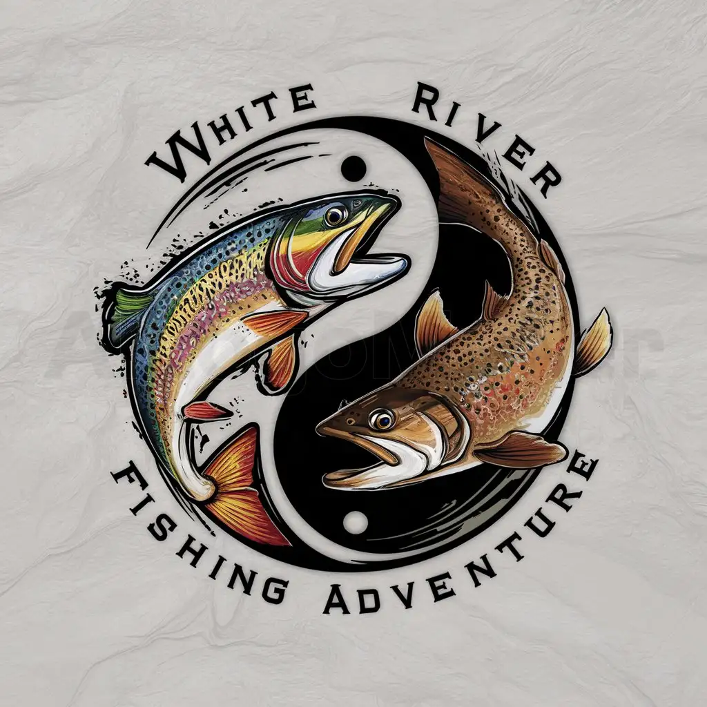 a logo design,with the text 'White River Fishing Adventure', main symbol: colorful rainbow trout and brown trout yin yang circle style caricature painted brush strokes,complex,white background