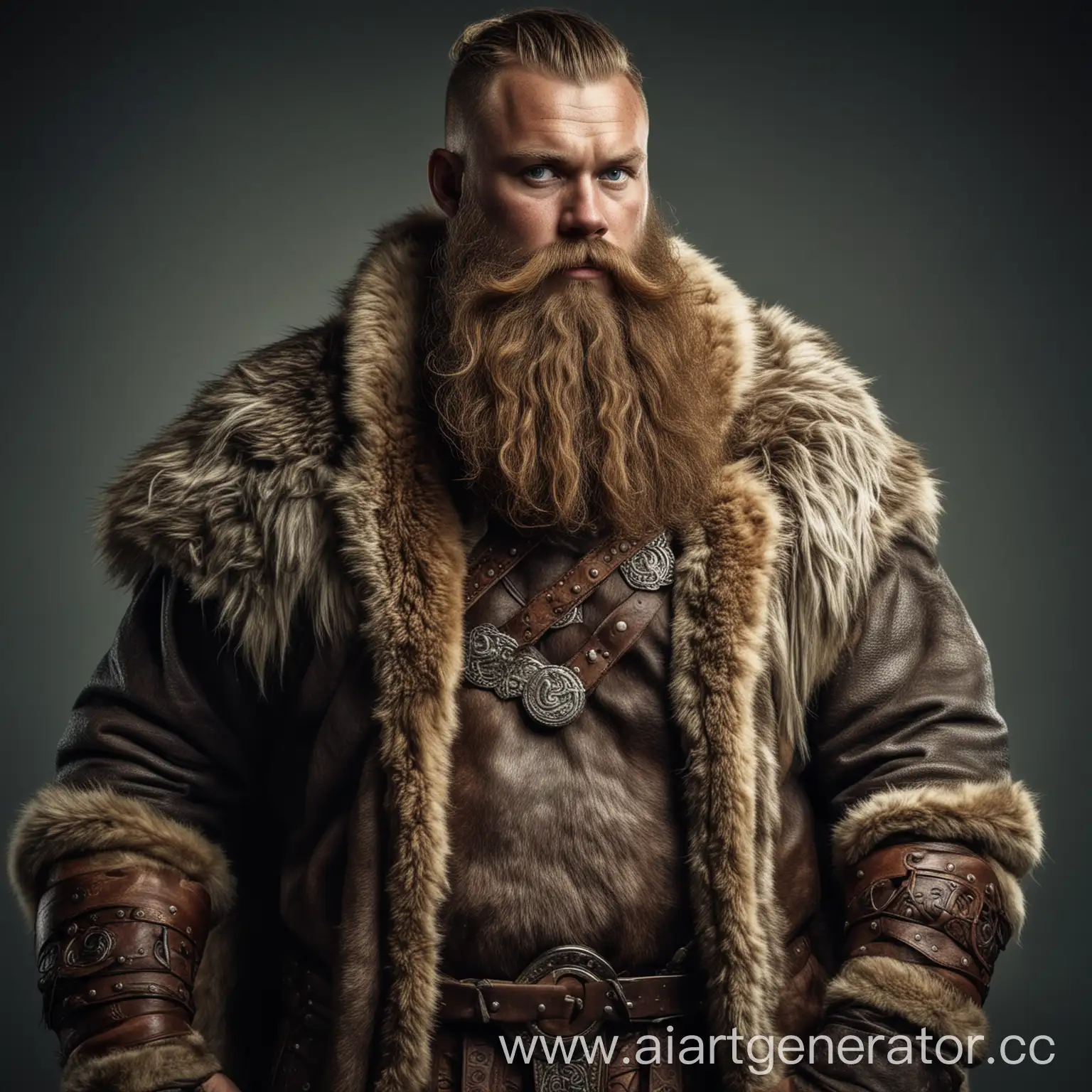 крупный сильный и толстый викинг, одетые в шкуры животных с большой бородой