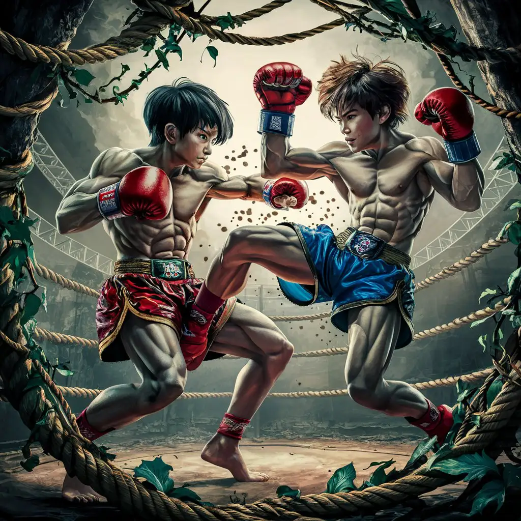 Muscular Teen Boys Fighting Muay Thai in Jungle Rope Arena