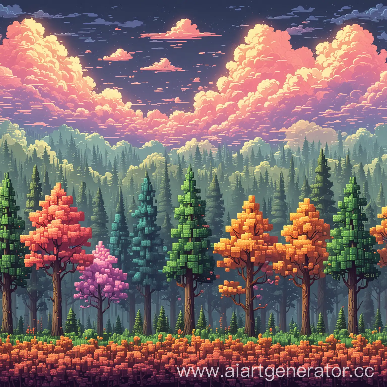 Vibrant-8Bit-Forest-Background-with-Colorful-Clouds-for-Mobile-Game