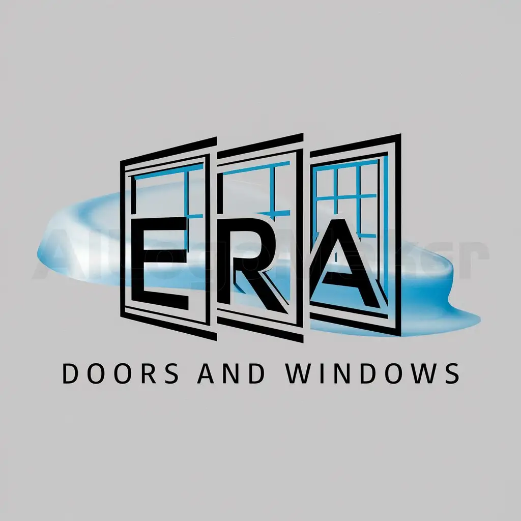 Logo design, text 'ERA Doors and Windows', main symbol: Windows in shape of ERA word, Minimalistic, for use in Construction industry, clear background word make it in blue and window size should be small, makeERAwordin3D