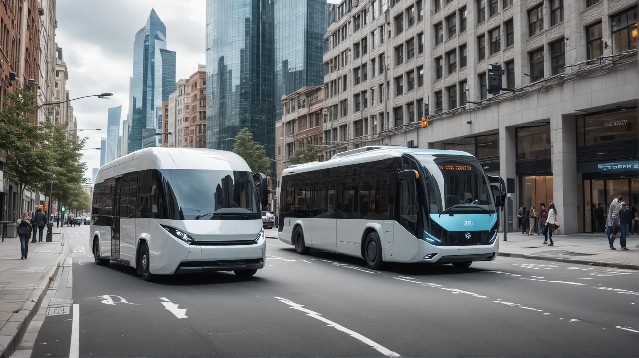 Futuristic Electric Van and Bus Navigate City Streets with Sustainable Transport Solutions