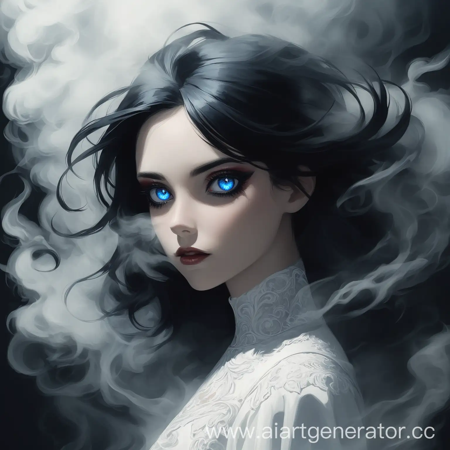 девушка с черными волосами, голубыми глазами, в белом платье, с макияжем, в дыму  голова наклонена немного в лево 