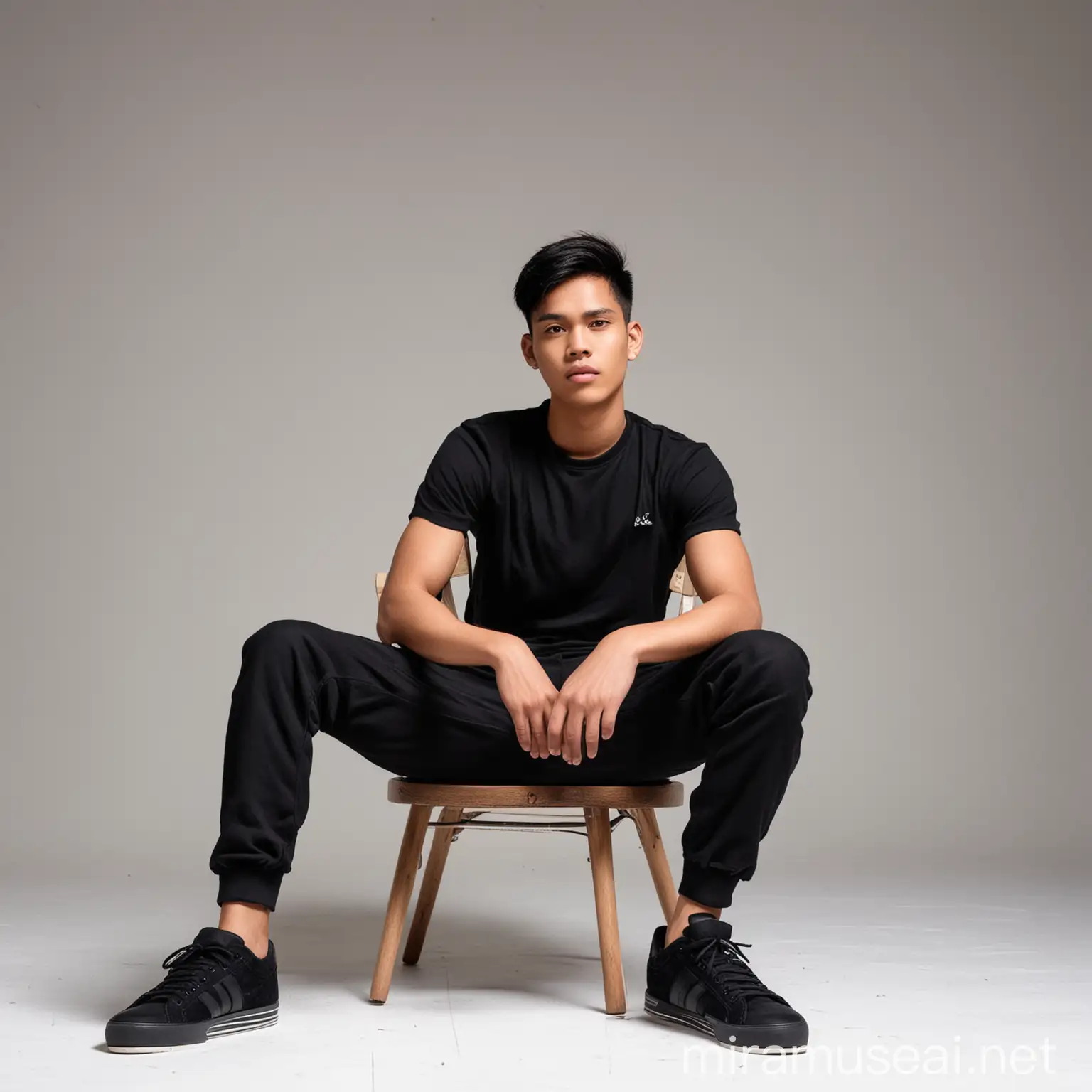 a young Indonesian male model,short hair, wearing a black shirt, black sneakers shoes. white background. sitting, (chair sideways pose).