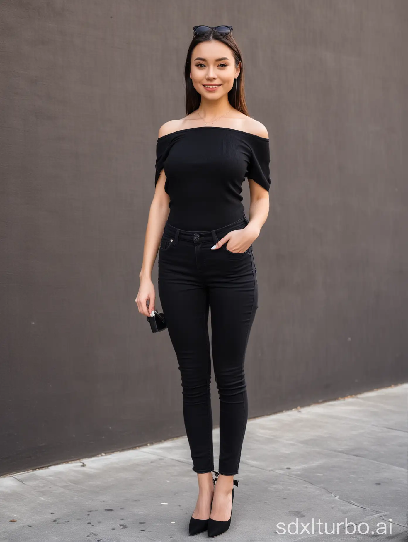 young petite woman with small body in black top and black skinny jeans
