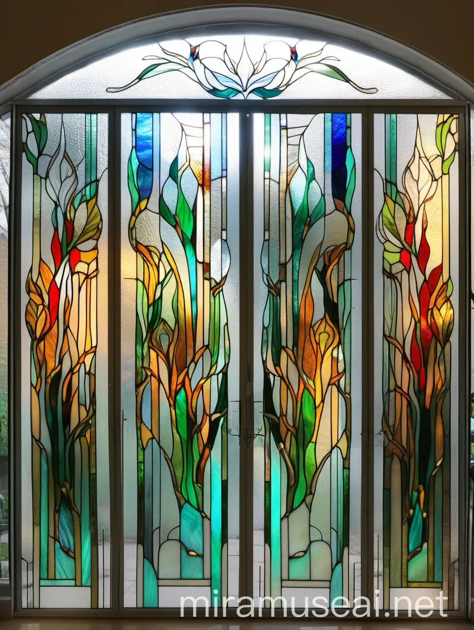Colorful Tiffany Stained Glass Partition Vegetal Abstract Pattern in Living Room
