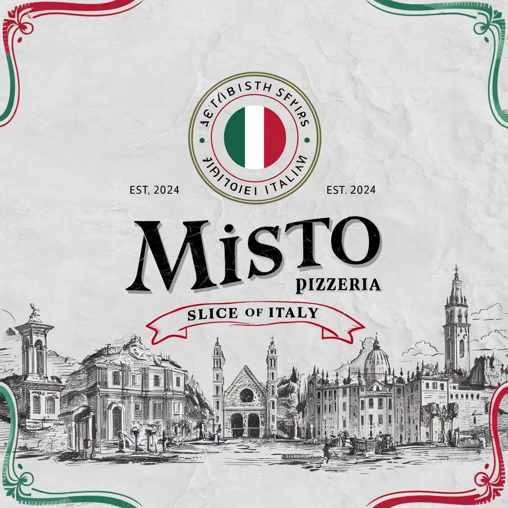Misto Pizzeria Vintage Italian Emblem on Textured White Background