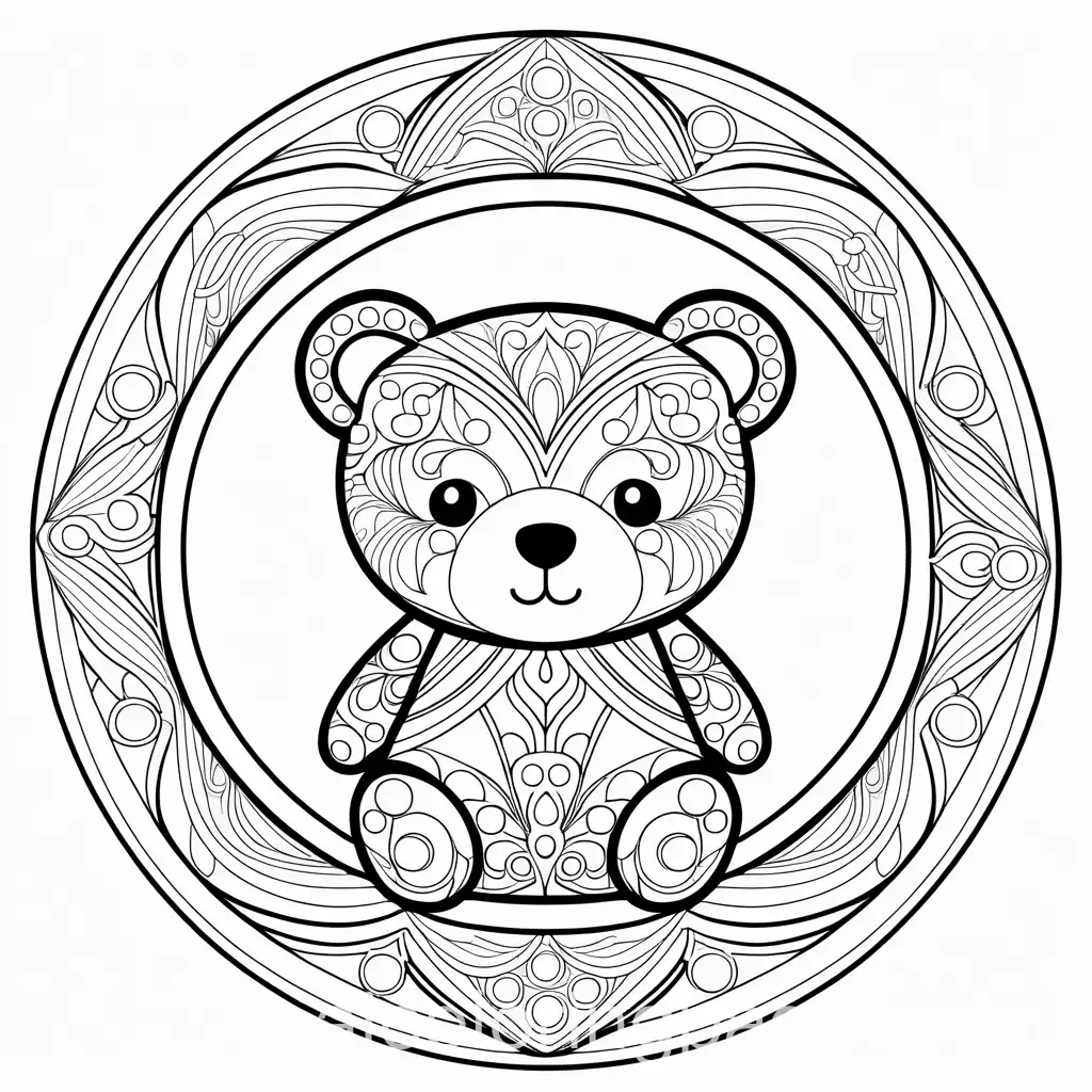 Teddy Bear mandala, Coloring Page, black and white, line art, white background, Simplicity, Ample White Space. The background of the coloring page is plain white to make it easy for young children to color within the lines. The outlines of all the subjects are easy to distinguish, making it simple for kids to color without too much difficulty