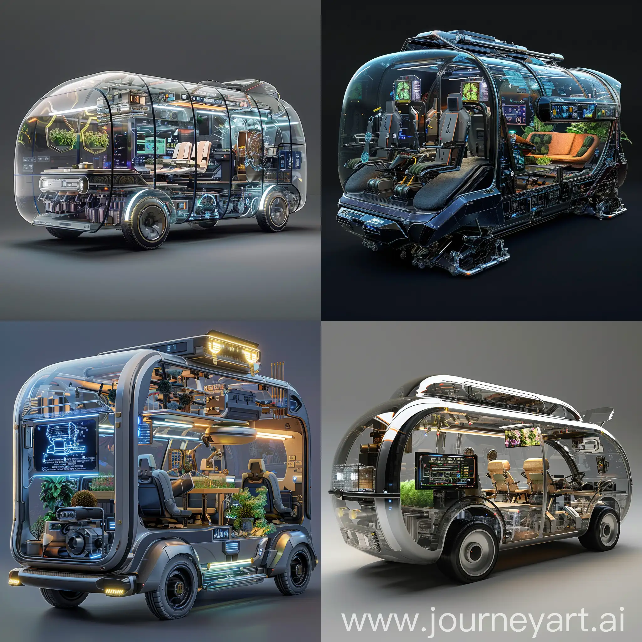 Futuristic microbus, Transparent Aluminum Frame (Star Trek), Modular Seating with Bio-Printers (Star Wars), Holographic Displays and AI Assistant (Her), Self-Healing Materials (Terminator 2), Zero-Gravity Recliner (WALL-E), Nanobot Air Purification (The Expanse), Kinetic Energy Harvesting (Ready Player One), Robotic Chef and Mini-Greenhouse (Elysium), VR Entertainment Room (The Matrix), Morphing Interior (Transformers), Aerodynamic Bodylines (Cyberpunk 2077), Wheeled Legs and Climbing Tracks (Horizon Zero Dawn), Kinetic Energy Wings (Firefly), Adaptive Camouflage (Halo), Underglow Navigation Lights (Tron), Retractable Landing Gear and Drone Launchers (Ghost in the Shell), Self-Repairing Hull (Gundam), Holographic Signage and Passenger Information (Akira), Modular Cargo Pods (No Man's Sky), Transparent Solar Roof (Jetsons), unreal engine 5 --stylize 1000