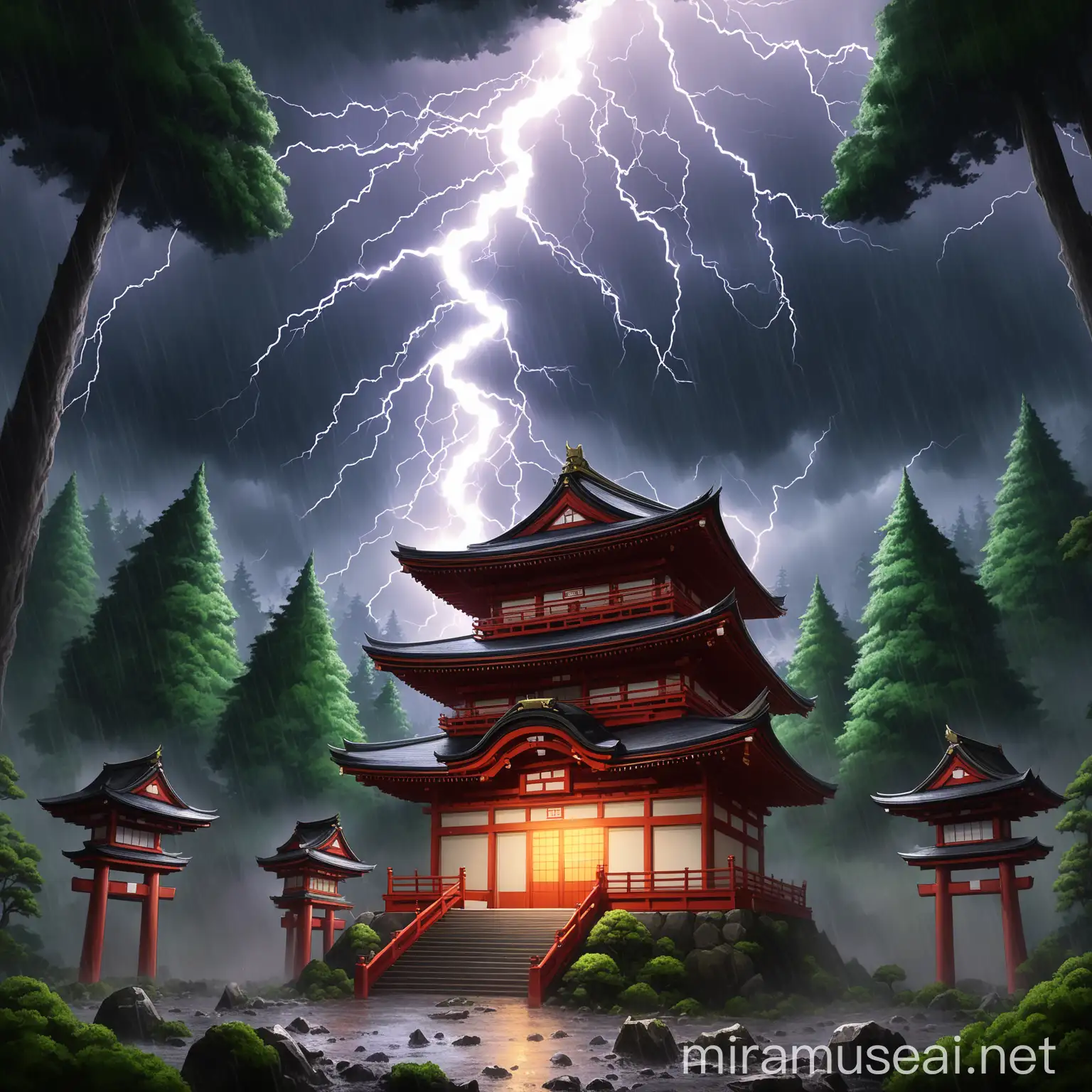 a domain expansion with a Japanese temple in a forest surrounded by a lightning storm
