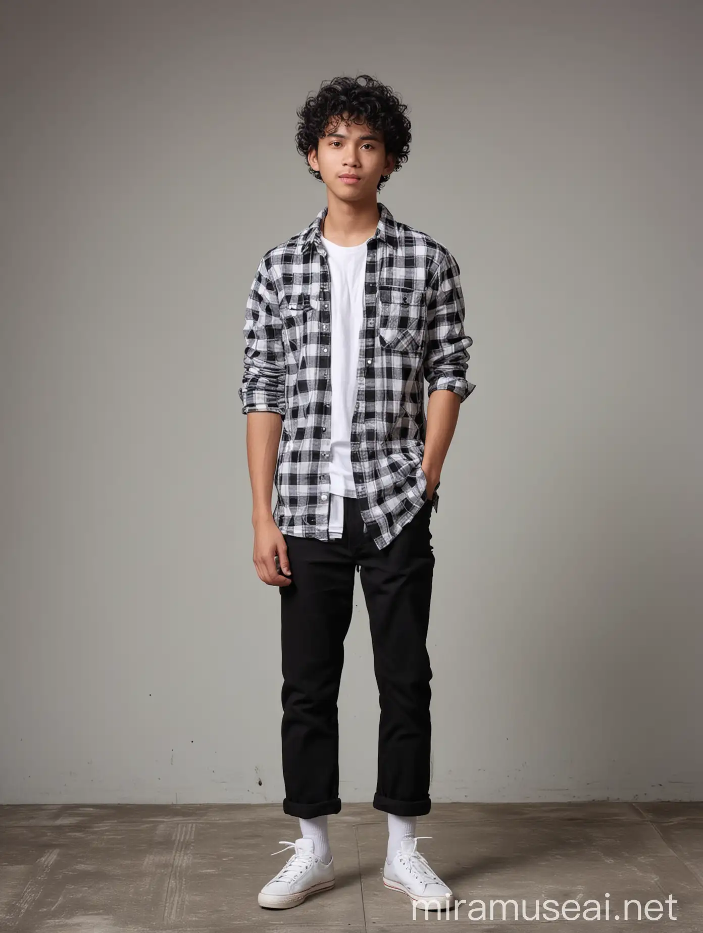 a handsome 23 year old Indonesian young man, thin curly hair, Fringe Curls, wearing a checkered shirt, black trousers and white shoes.  he took a photo facing the camera, high quality, 8K HD quality, original photo.