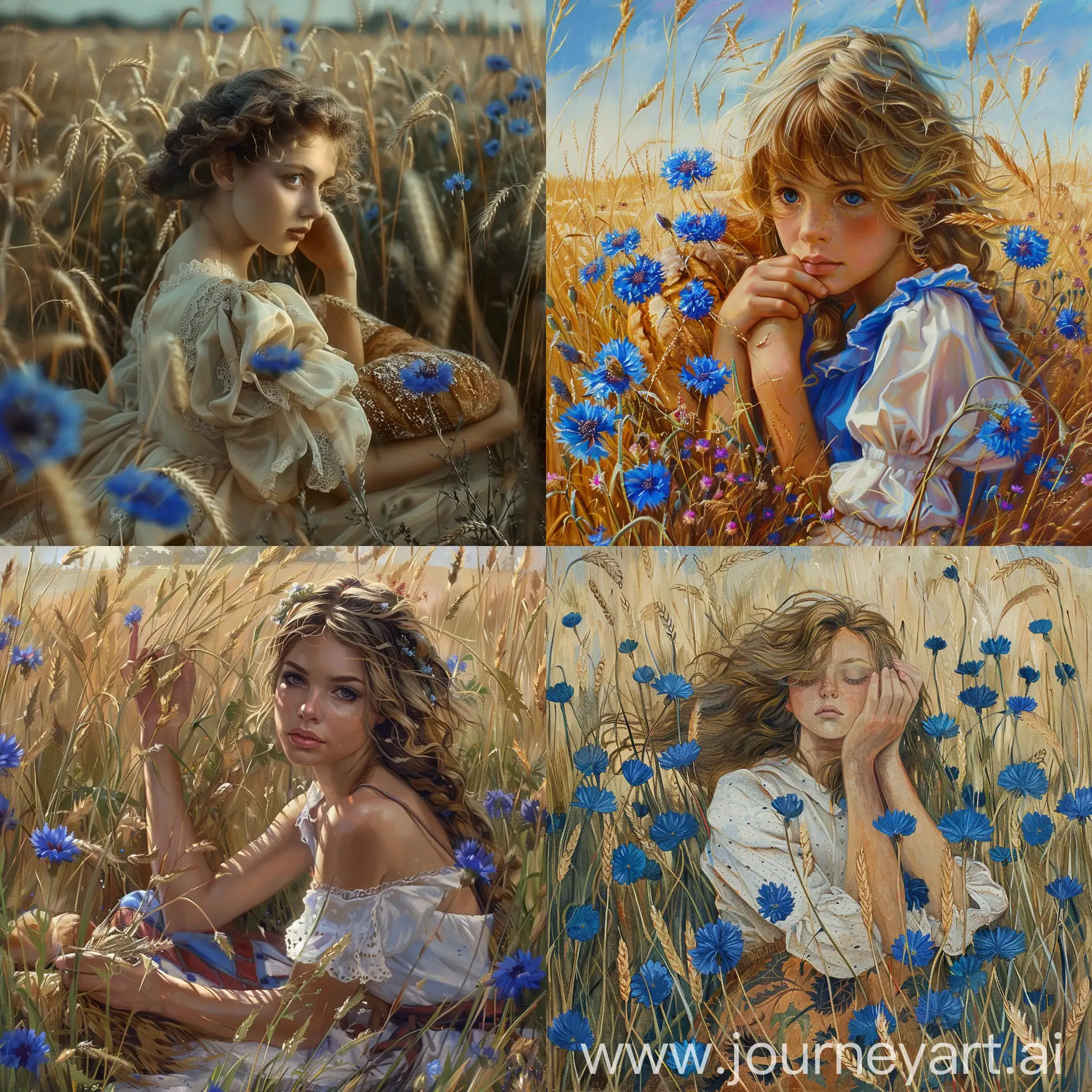Girl-in-Reed-Bed-Holding-Baguette-with-Cornflowers-and-Field-Plants