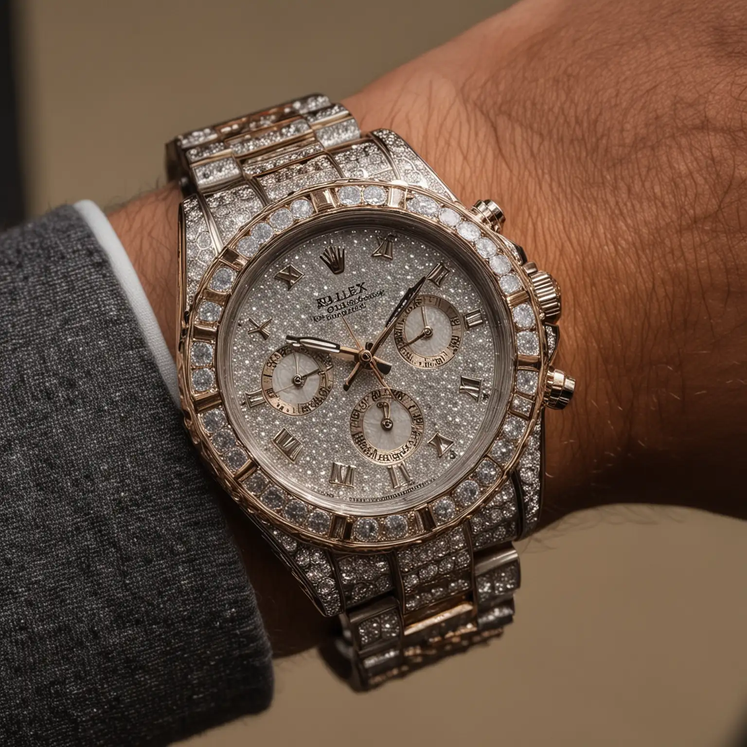 close up of an expensive Rolex watch with diamonds on it on the arm of a hispanic man who is outside, dramatic lighting