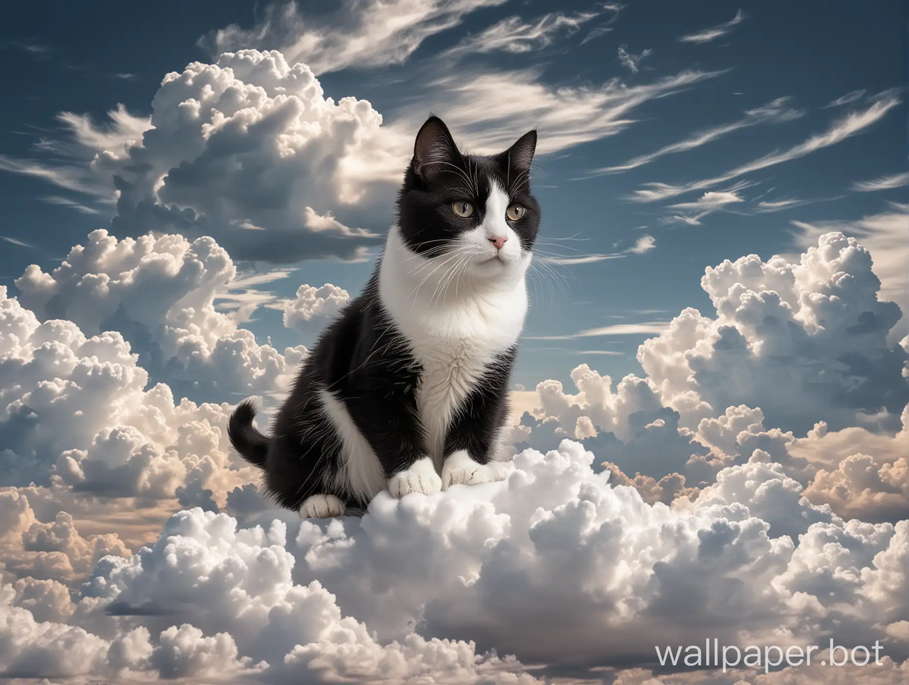 black and white cat on clouds