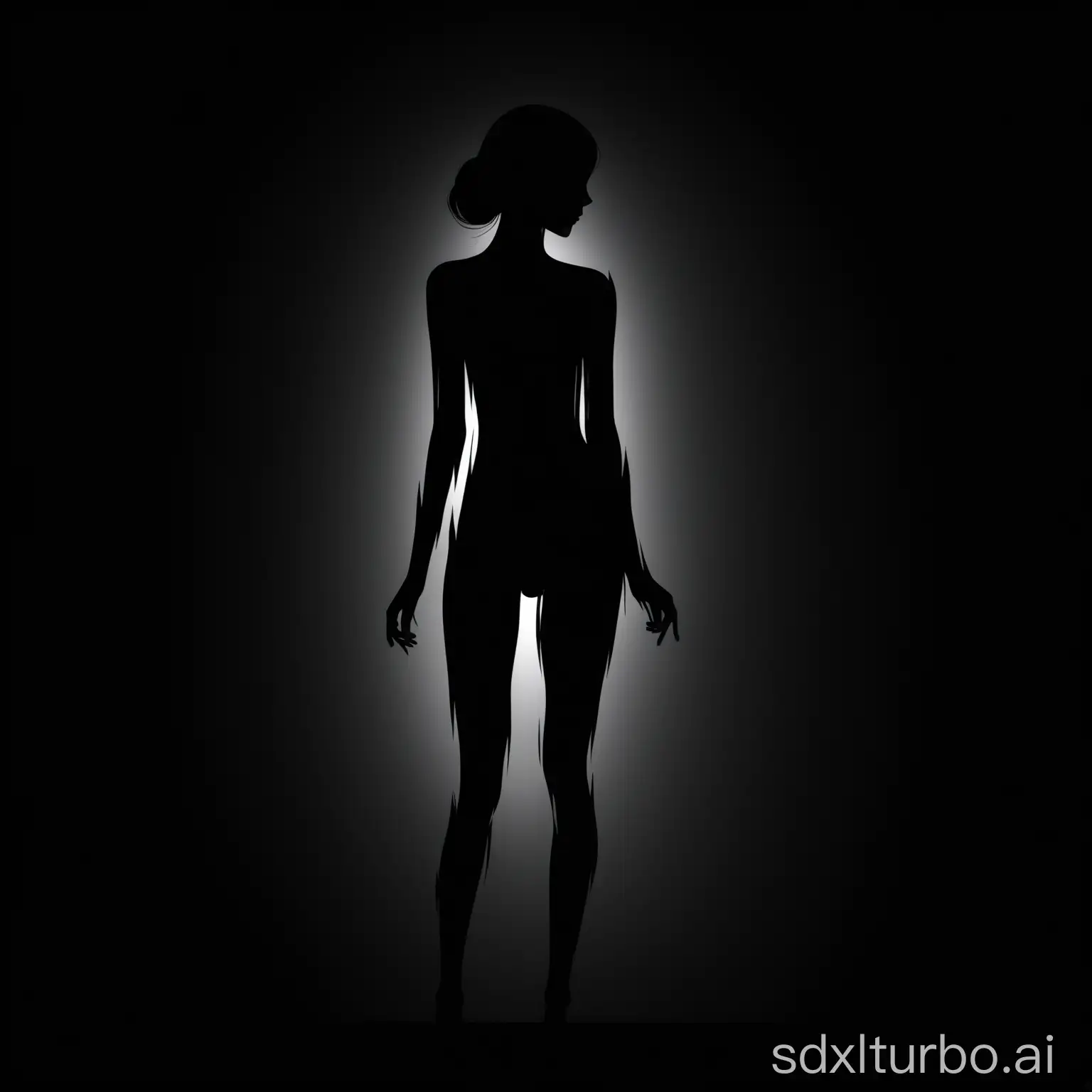 Silhouette of a slender woman, white, pure black background