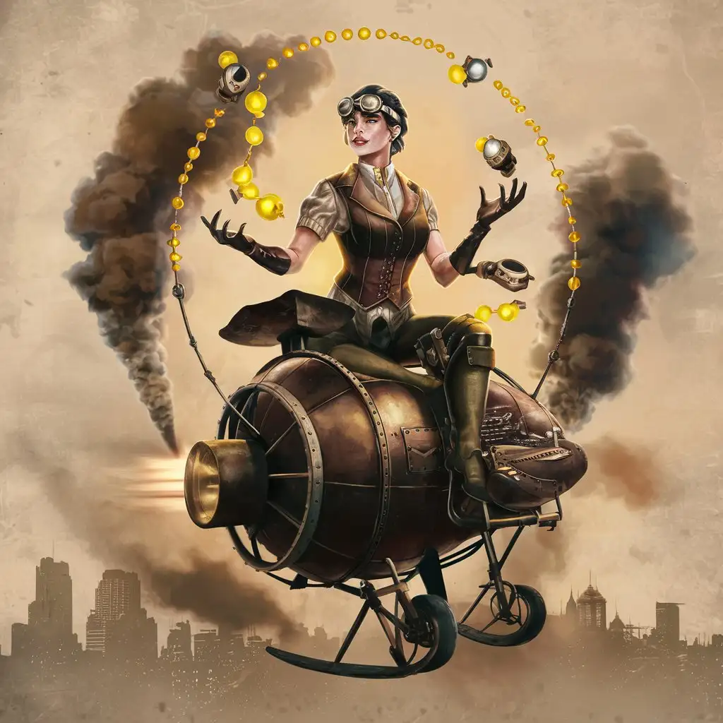 Iron Jeanne in a vest on a gyrobus picturesquely juggles yellow pearls and iron jets