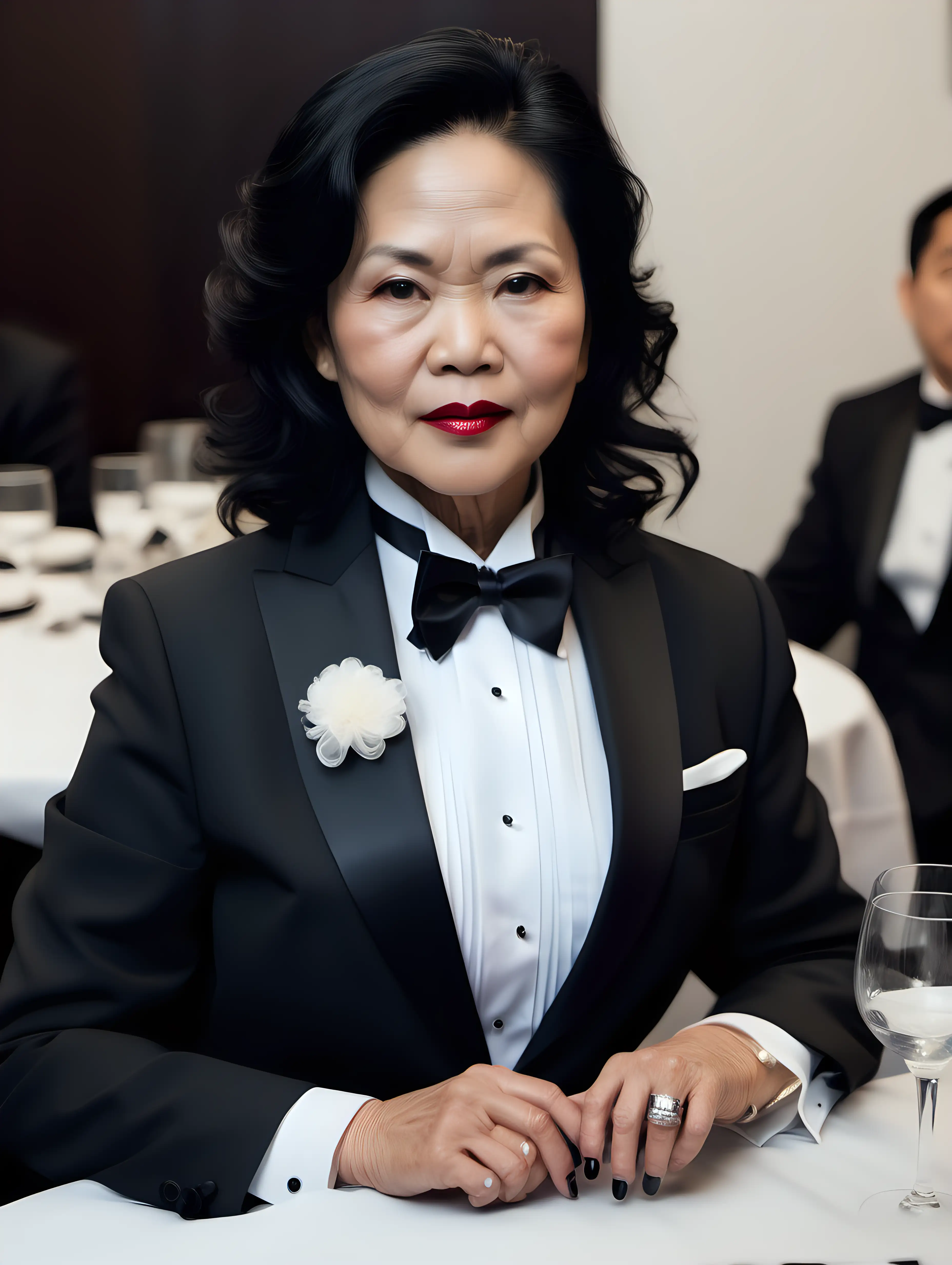 50 year old stern Vietnamese woman with black shoulder length hair and lipstick wearing a tuxedo with a black bow tie and big black cufflinks. Her jacket has a corsage. She is sitting at a dinner table.