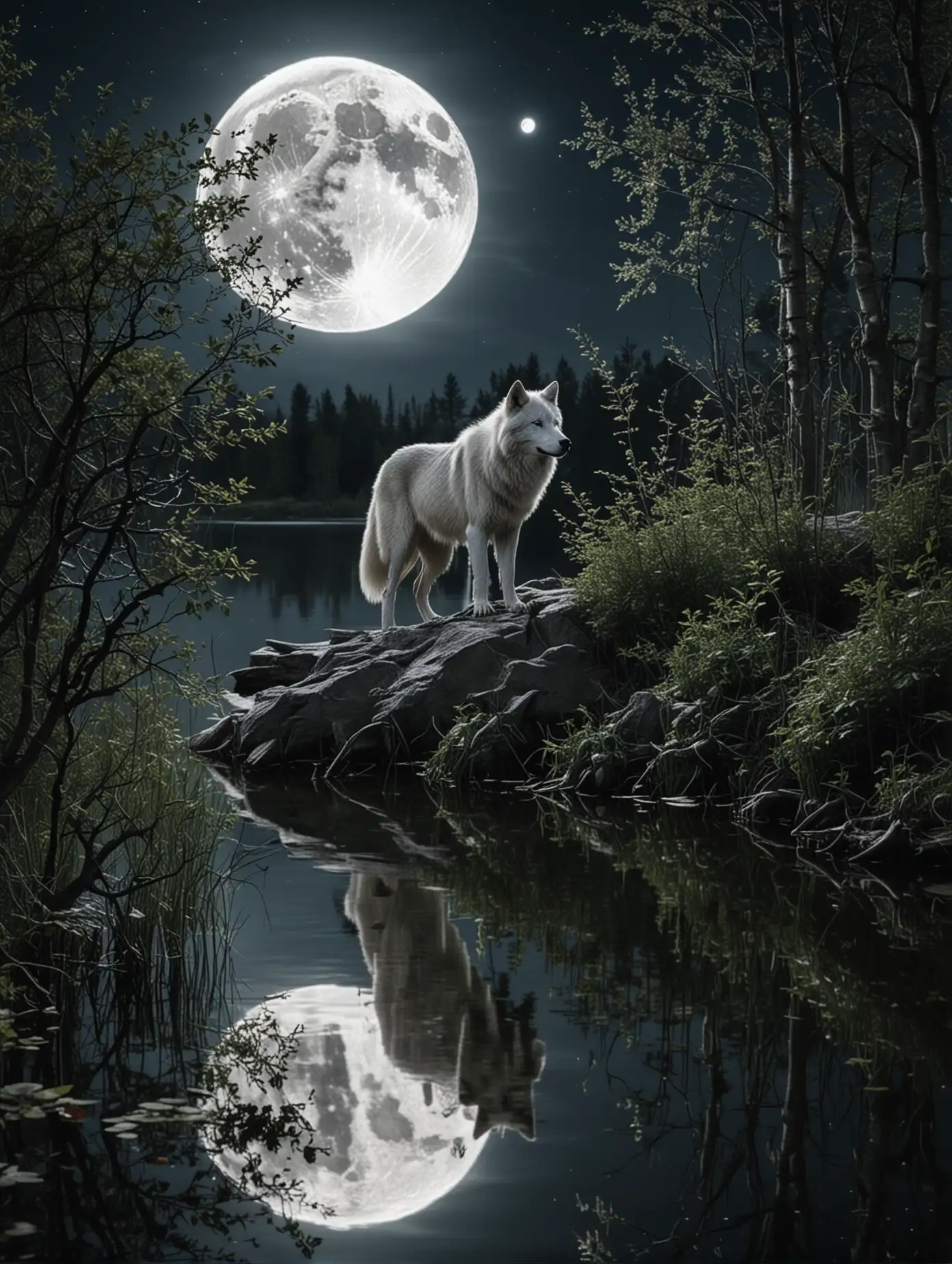 Огромная луна смотрит в озеро и видит там свое отражение,в кустах белый волк воет на луну