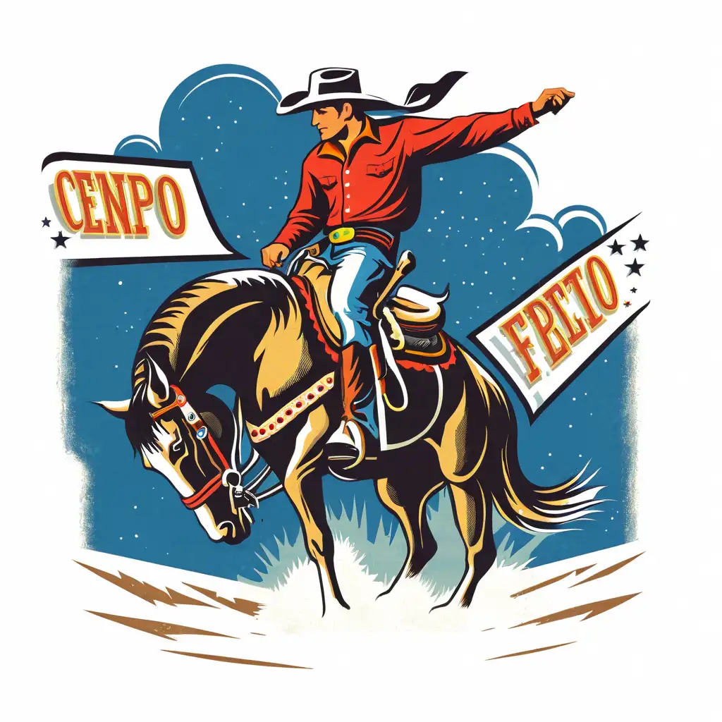 Retro Cowboy Riding Horse in Classic Western Scene