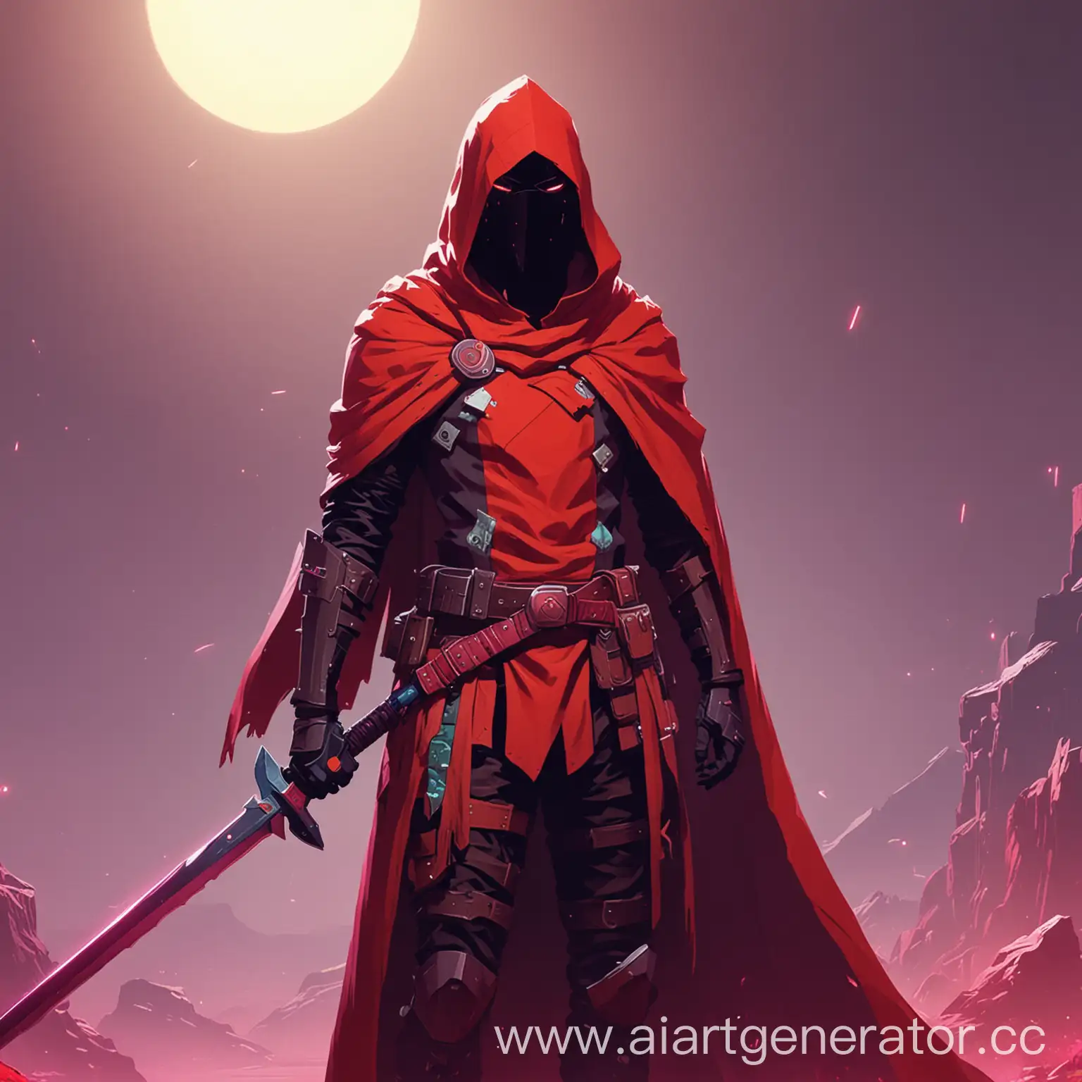 Главный герой Hyper Light Drifter(Красный плащ и капюшон) в полутяжёлой средневековой броне и красным световым мечом