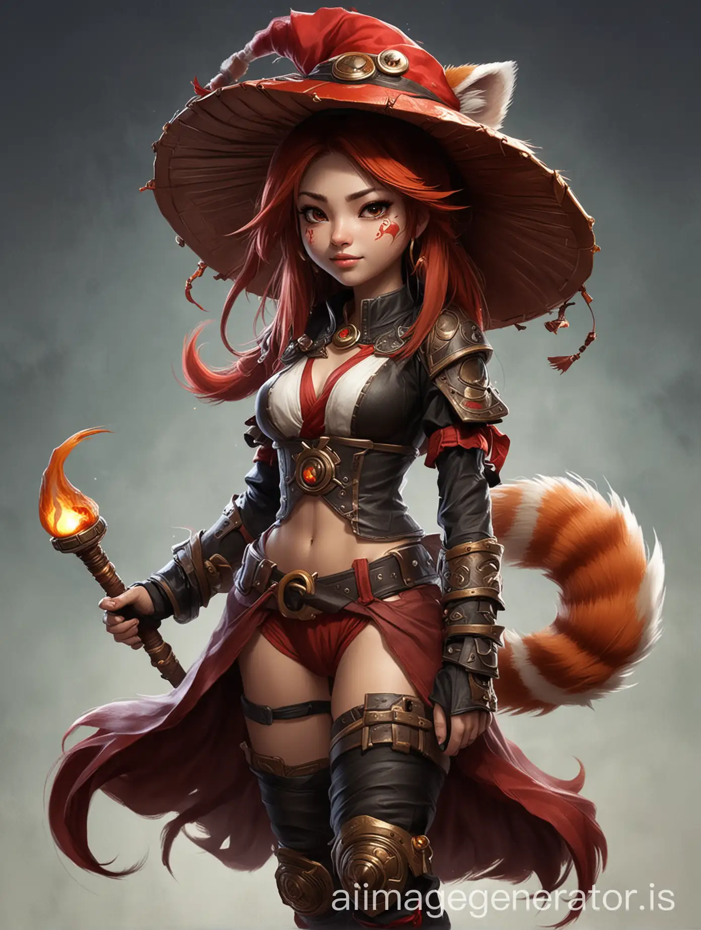 leauge of legends champion and her skill is based on yin and yang. she needs to be red panda character with a conical vietnam hat. Around her yin and yang logo needs to be there. young age around 8 and mischeif face.