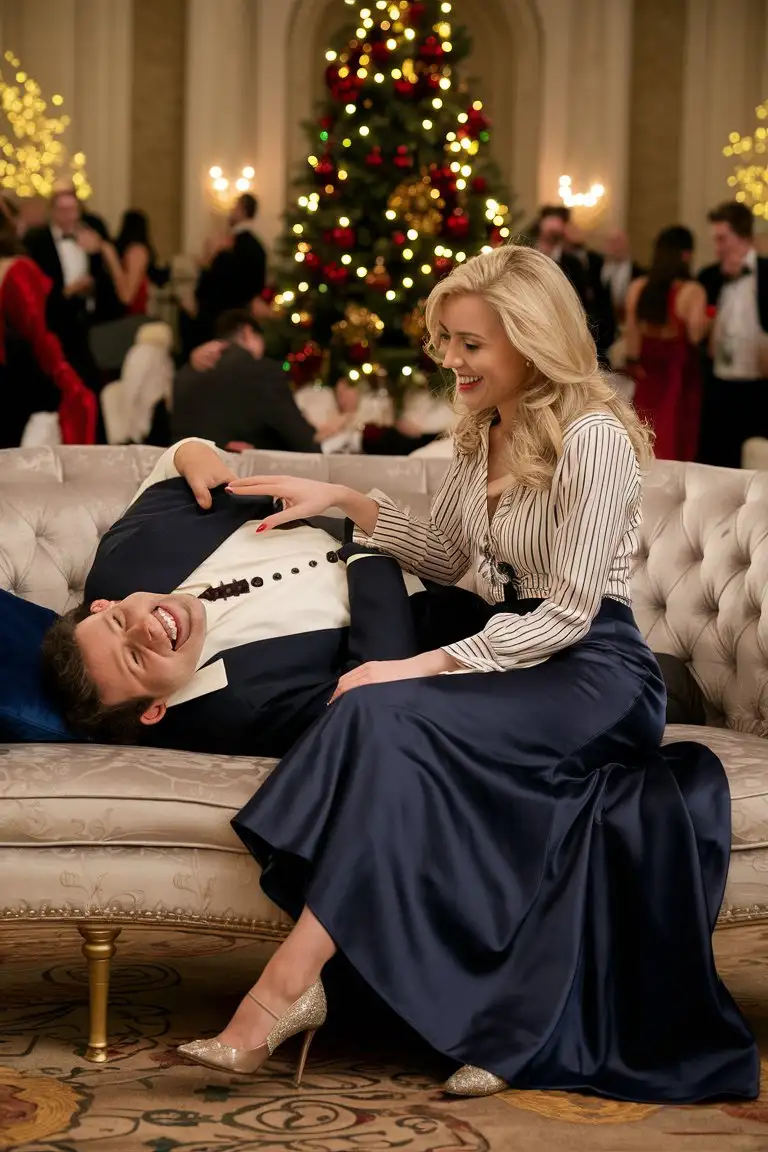A joyous occasion at a Christmas party in a ballroom. A  laughing caucasion man is lying longways on his back on a sofa . A beautiful blonde woman is sitting beside him on the sofa. she is looking down at his face and smiling. she is touching his chest with one finger. she is wearing a striped white and dark blue blouse, a long dark  blue satin maxi circle skirt and heels. 