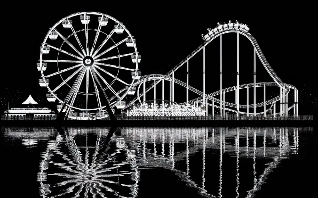 black and white Vector of a Ferris wheel and a roller coaster