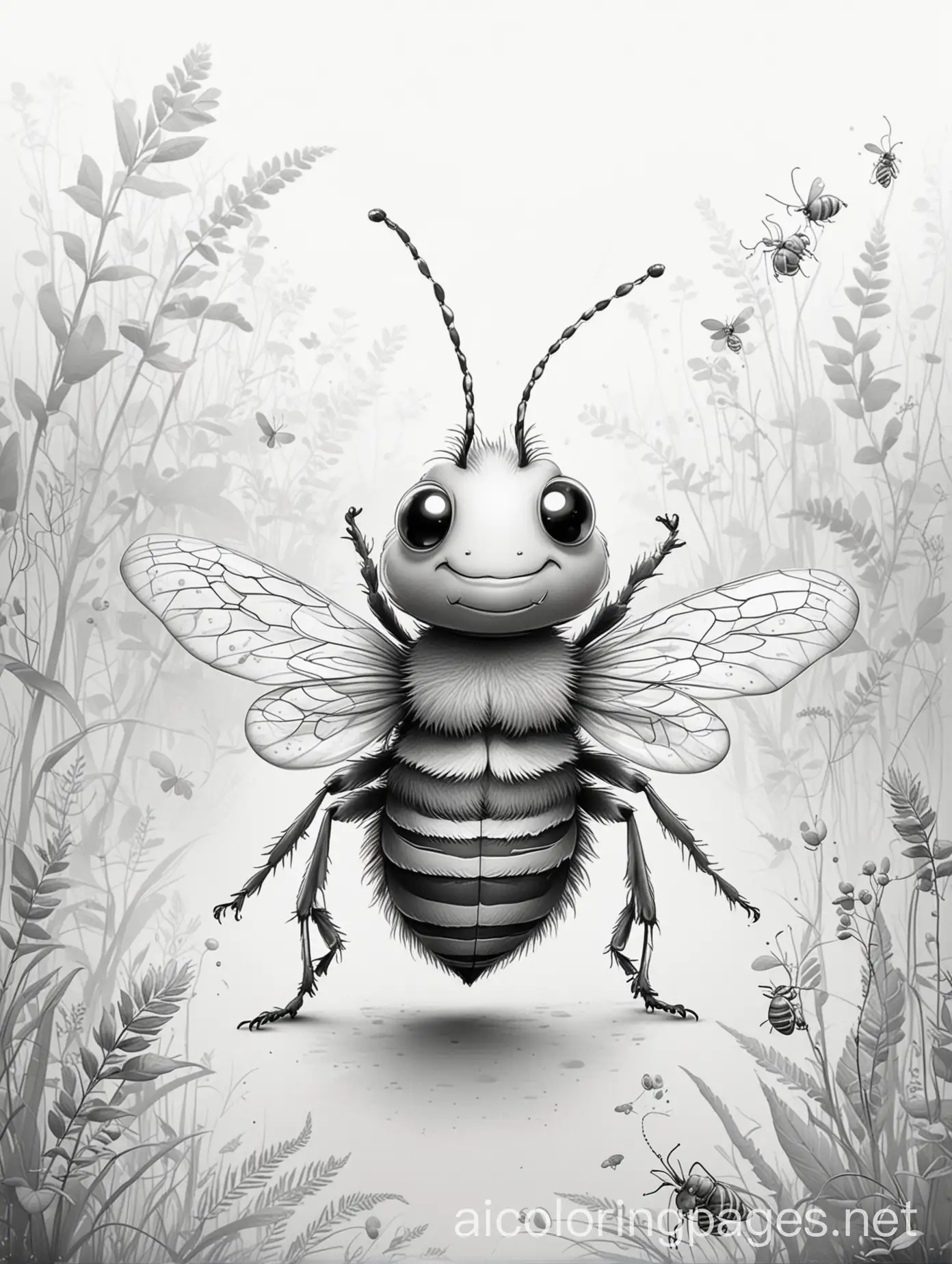cute little cartoon style insects, smoky and haze surroundings, Coloring Page, black and white, line art, white background, Simplicity, Ample White Space