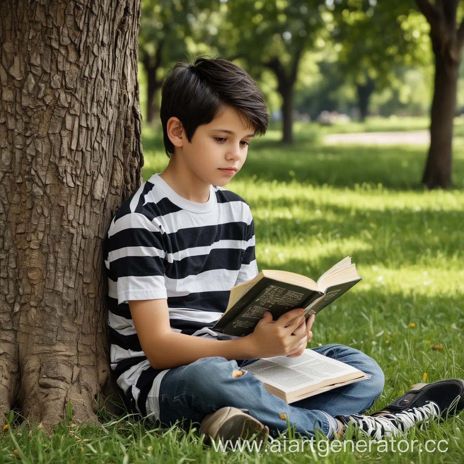 Реальная фотография. Мальчик 13 лет. В полосатой черно-белой футболке с темными волосами сидит на газоне под деревом в парке. Он читает книгу. Лето.