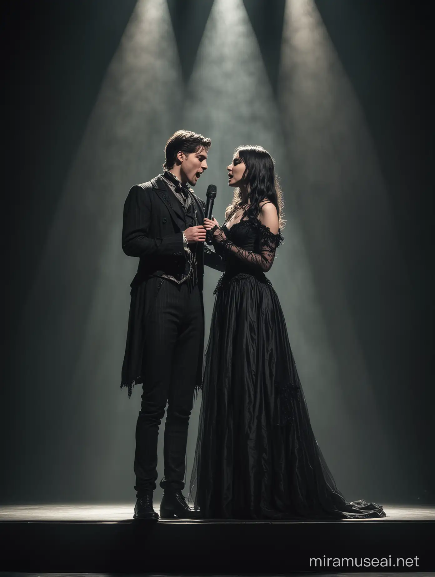 A pair of lovers singing on stage has a very romantic, gothic feel, full body.