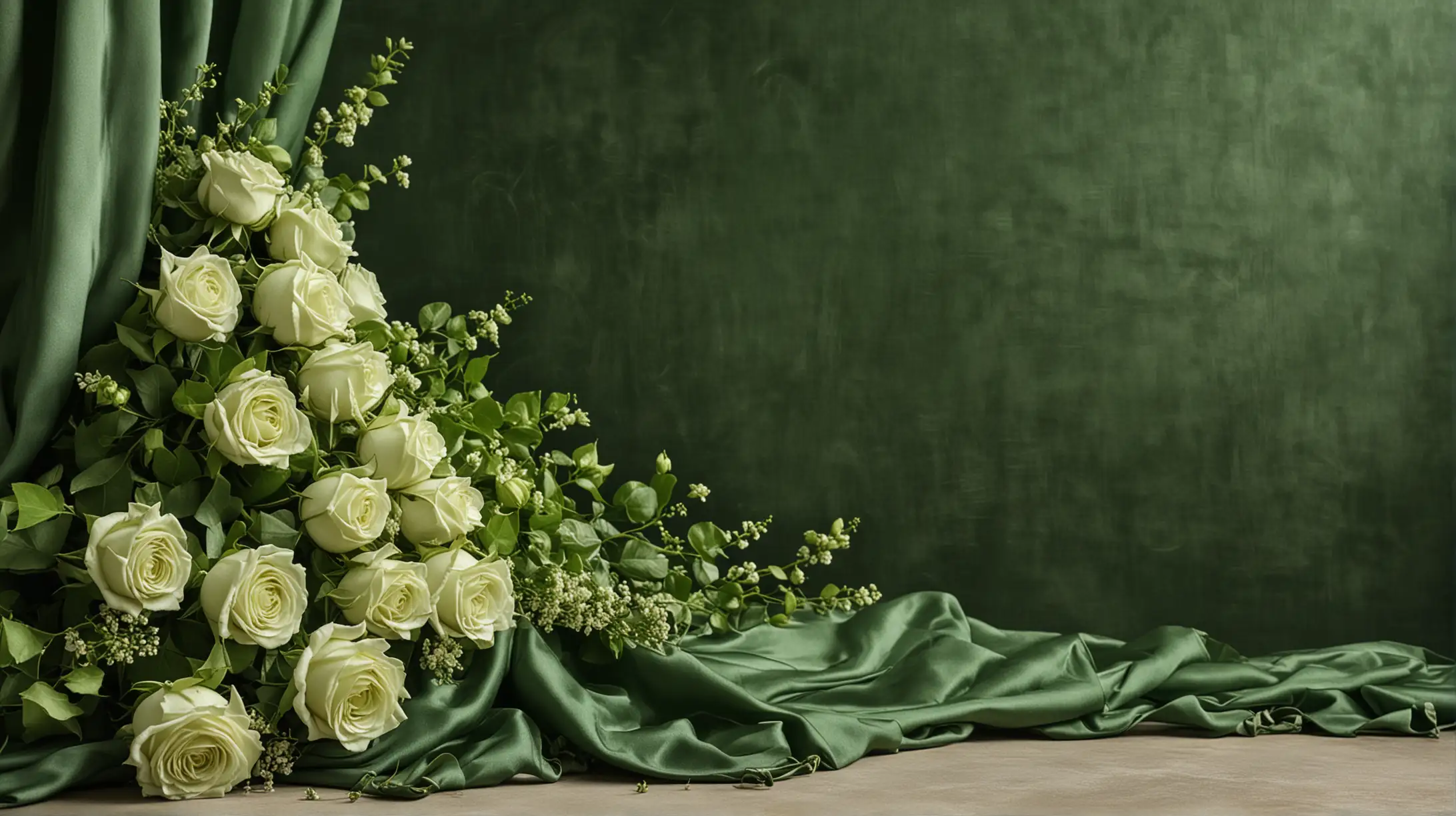 left side border, draped green fabric on which lies a few beautiful light green roses gypsophila and ivy, large green velvet background