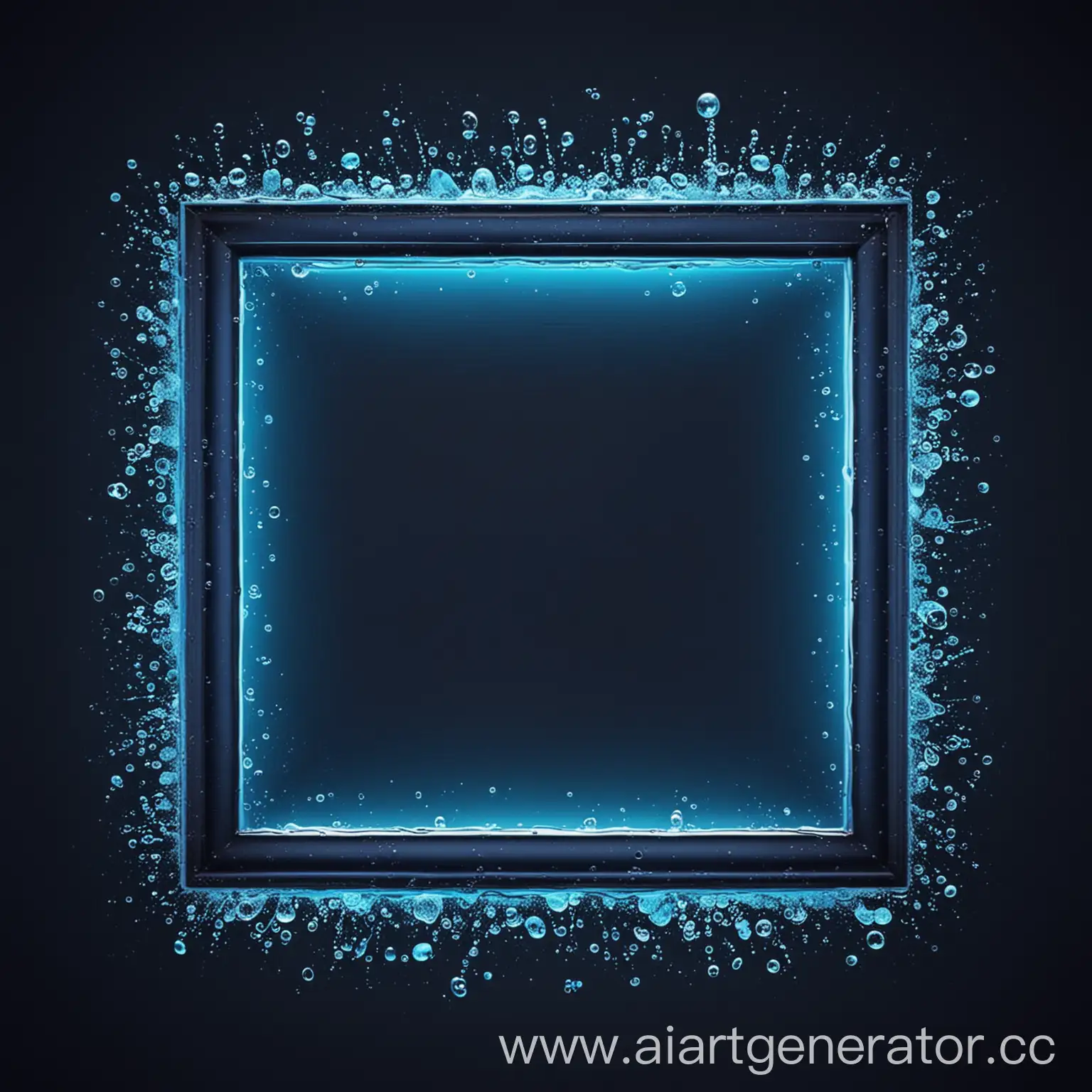 Голубая неоновая квадратная рамка на темно синем фоне с пузырьками воды