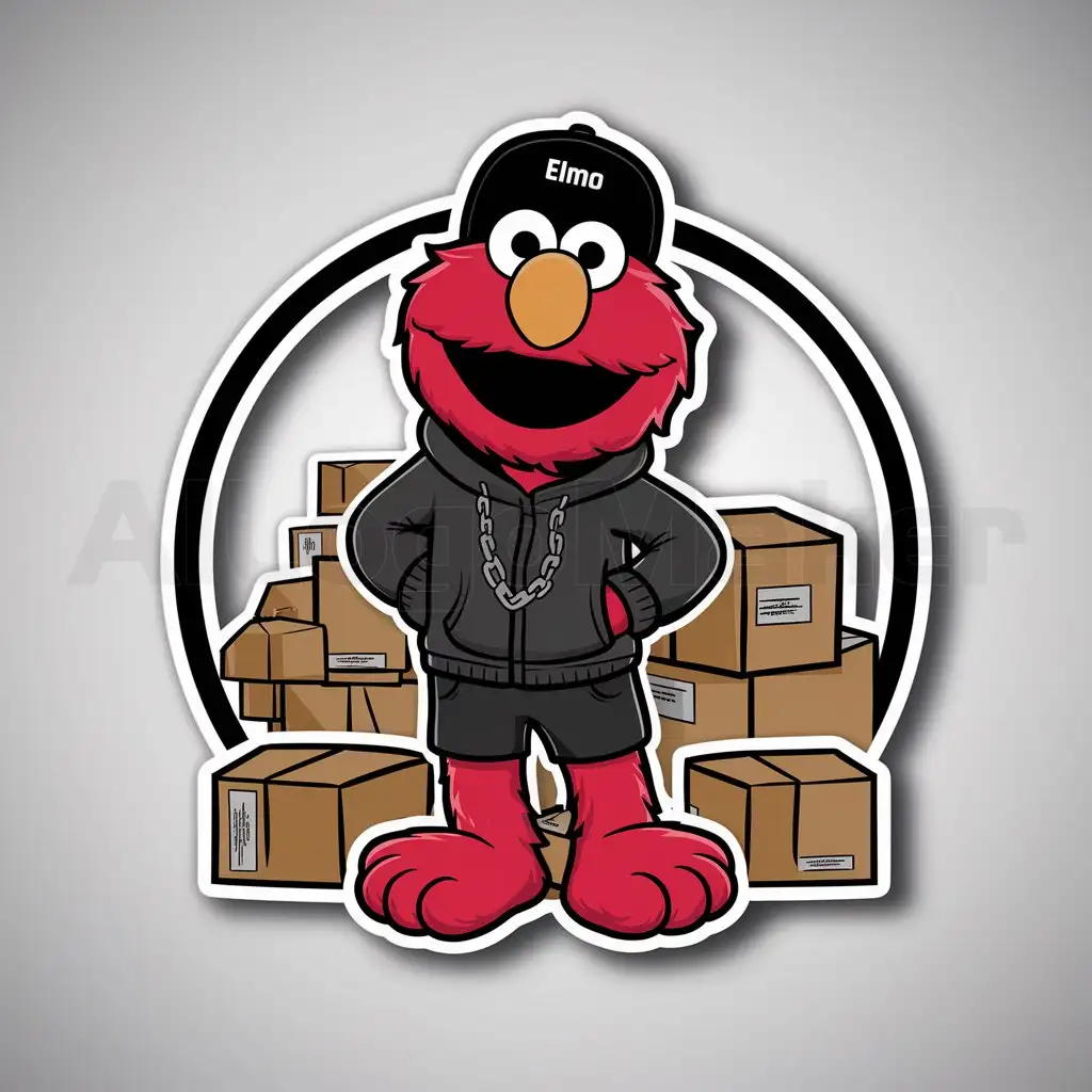 a logo design,with the text "ELMO", main symbol:Elmo from muppets, wearing black hoodie and went to golf chain, he's wearing a baseball black cap. Around there are packages to be shipped. The logo is round and for user.,complex,be used in Internet industry,clear background