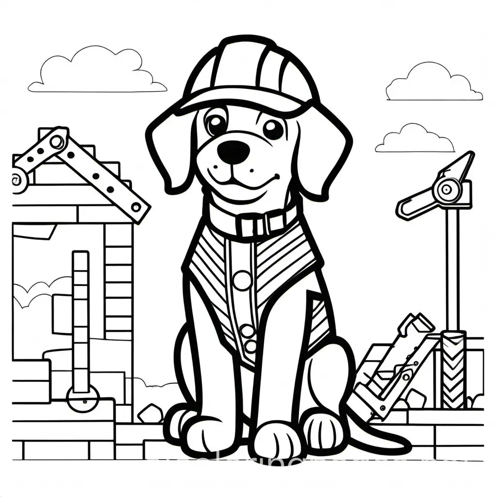 Dog in a construction vest, Coloring Page, black and white, line art, white background, Simplicity, Ample White Space. The background of the coloring page is plain white to make it easy for young children to color within the lines. The outlines of all the subjects are easy to distinguish, making it simple for kids to color without too much difficulty