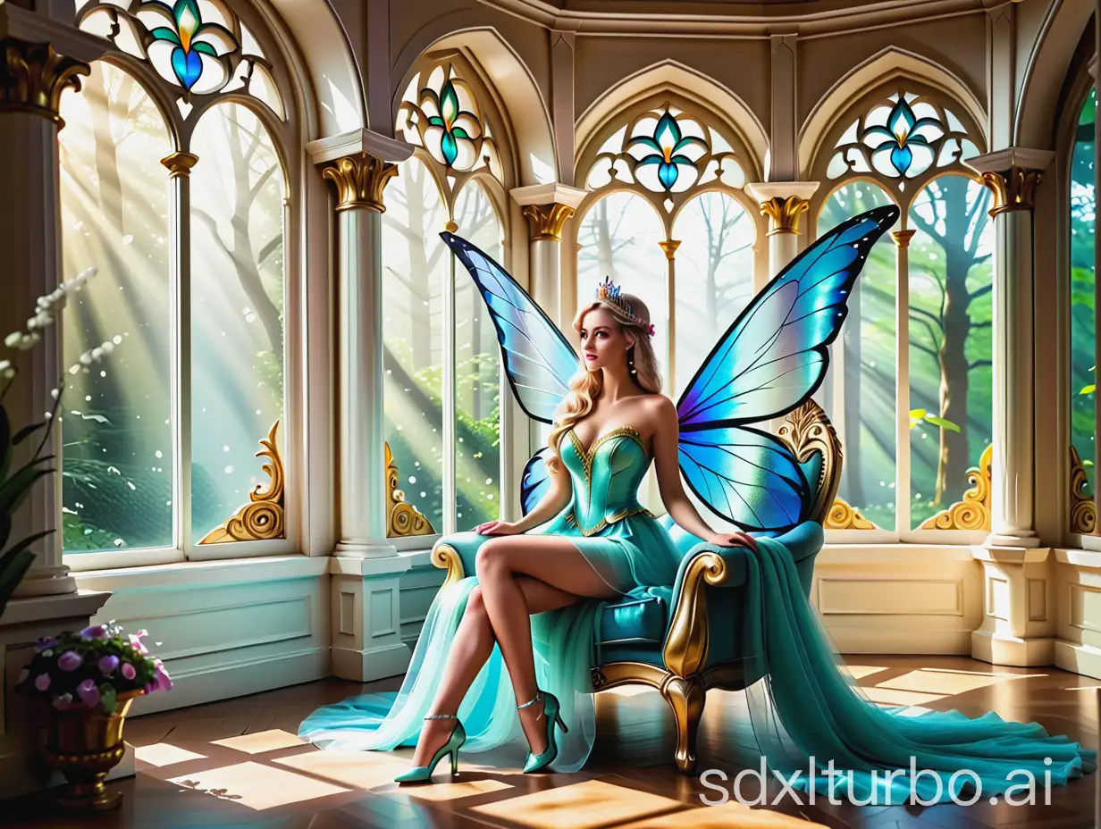 a so beautiful Fairy in Palace and fairy behind big window and window out side enchanted forest  and fairy on so beautiful big throne.