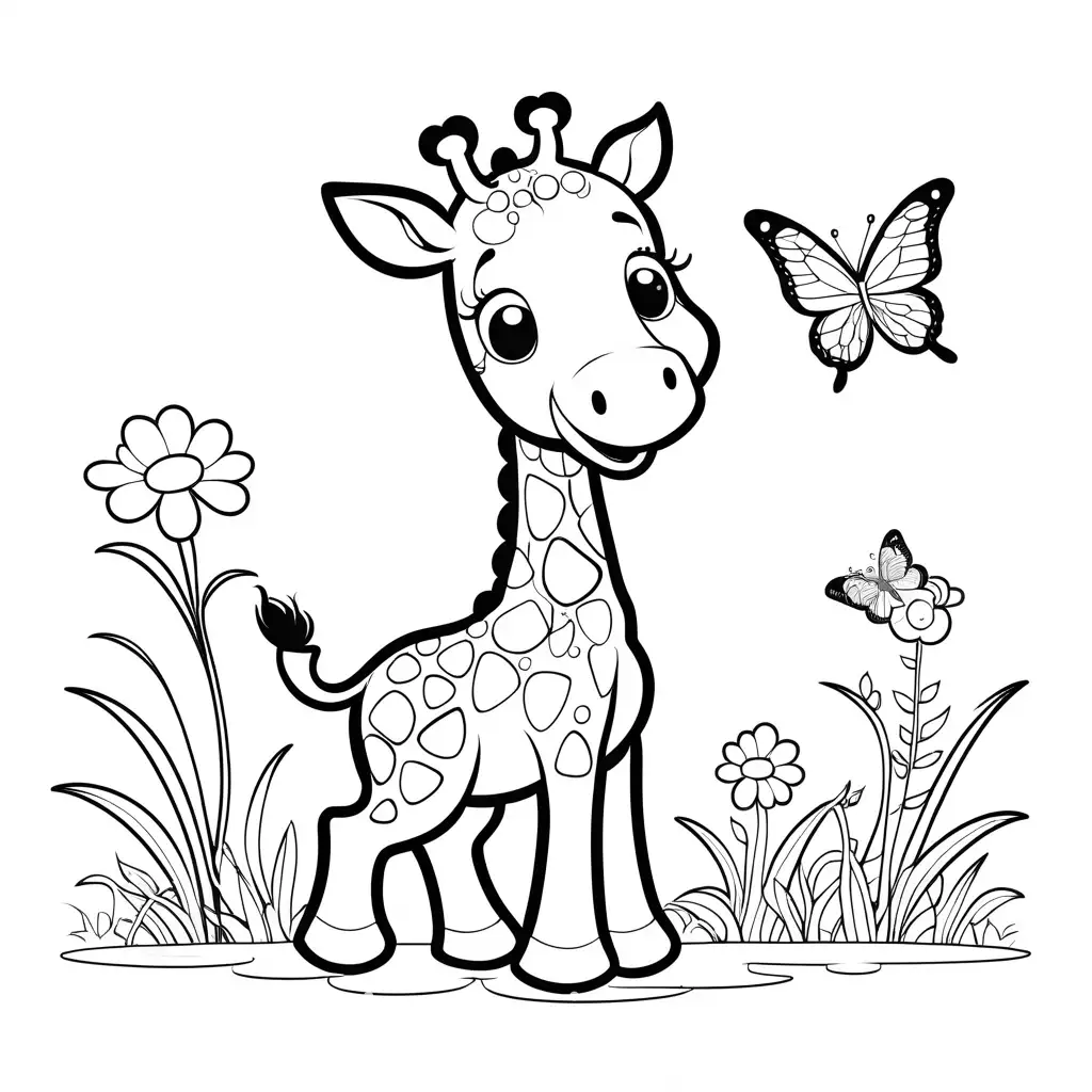 cute happy cartoon giraffe playing with a butterfly, Coloring Page, black and white, line art, white background, Simplicity, Ample White Space. The background of the coloring page is plain white to make it easy for young children to color within the lines. The outlines of all the subjects are easy to distinguish, making it simple for kids to color without too much difficulty