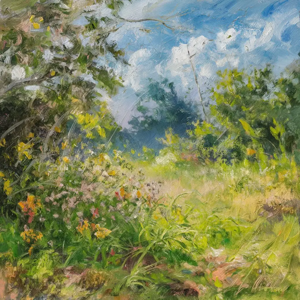 Vibrant Impressionistic Painting of a Serene Countryside Landscape