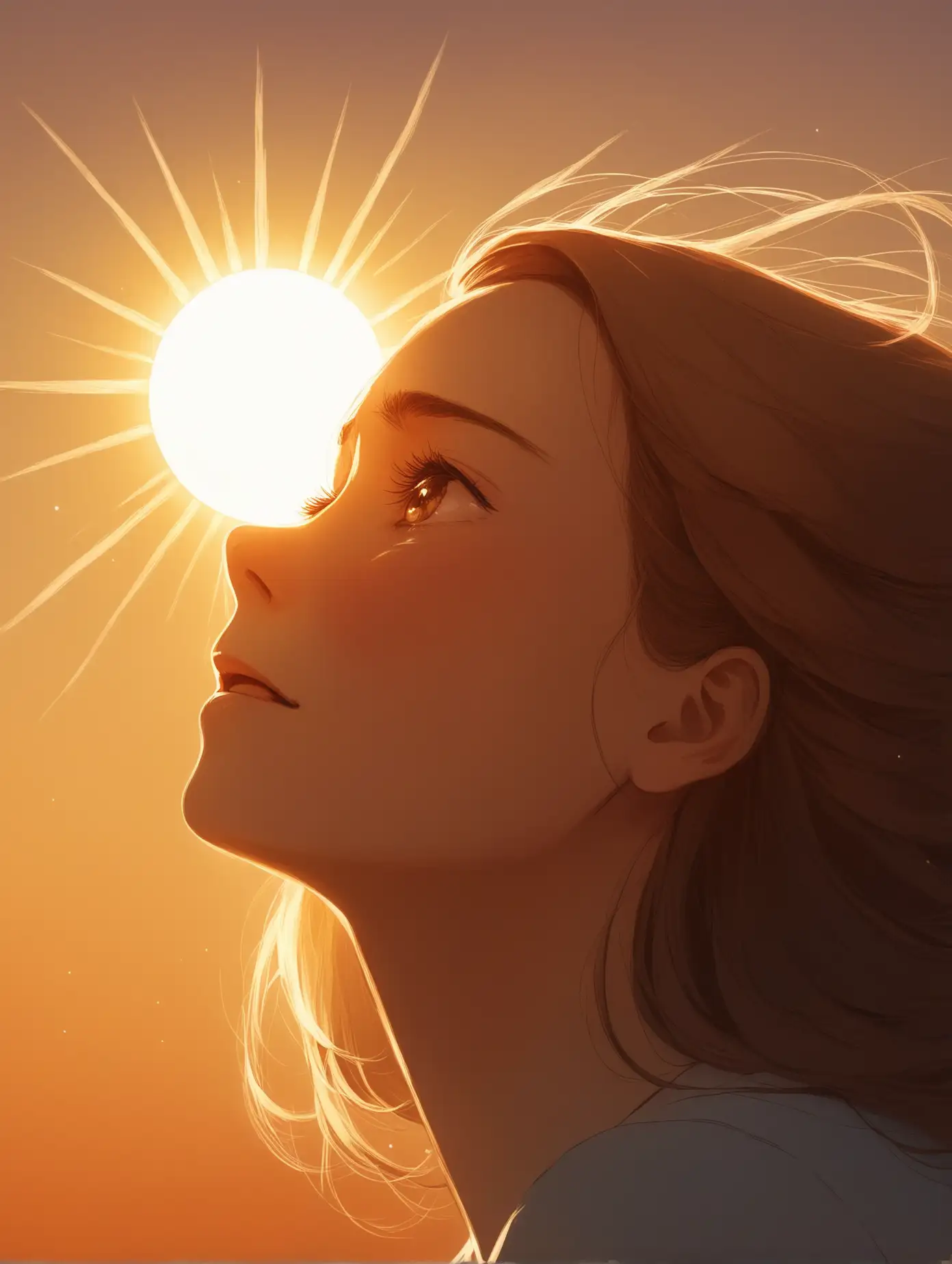 Emotional Woman Gazing at Sun with Intensity