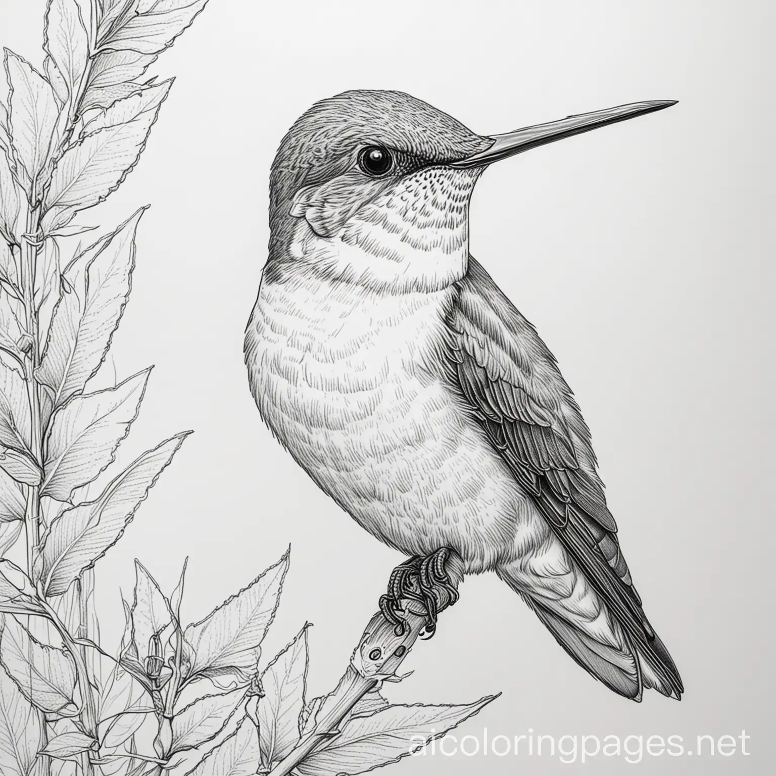 Ruby red-throated hummingbird, Coloring Page, black and white, line art, white background, Simplicity, Ample White Space. The background of the coloring page is plain white to make it easy for young children to color within the lines. The outlines of all the subjects are easy to distinguish, making it simple for kids to color without too much difficulty