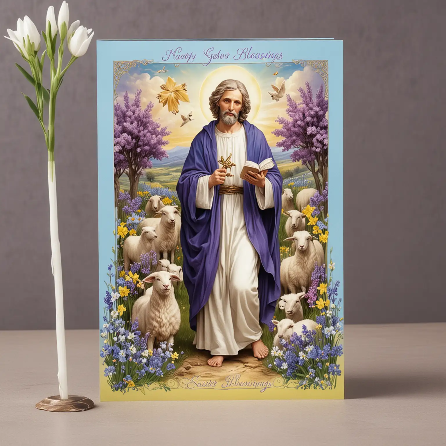 Card size 11.5 x 17 cm.   Picture of Good Shepherd - catholic design in the centre. Background with Easter flowers, purple, blue, yellow, white.  Wording at top of card Easter Blessings