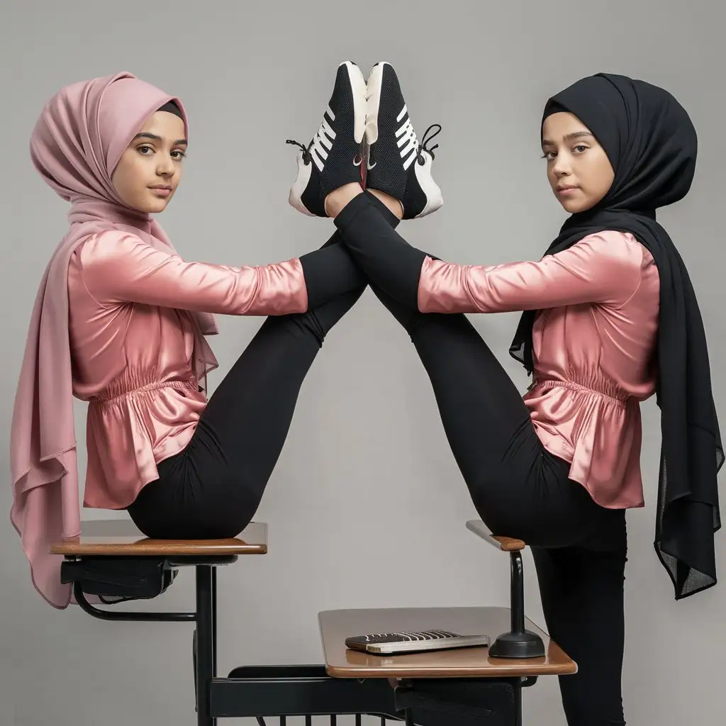 2 девочки, 13 лет, в хиджабе, обтягивающей блузке, черных колготках, спортивной обуви, в классе. Красивые. Лежит на учительском столе. Скрестив ноги. элегантная, миниатюрная