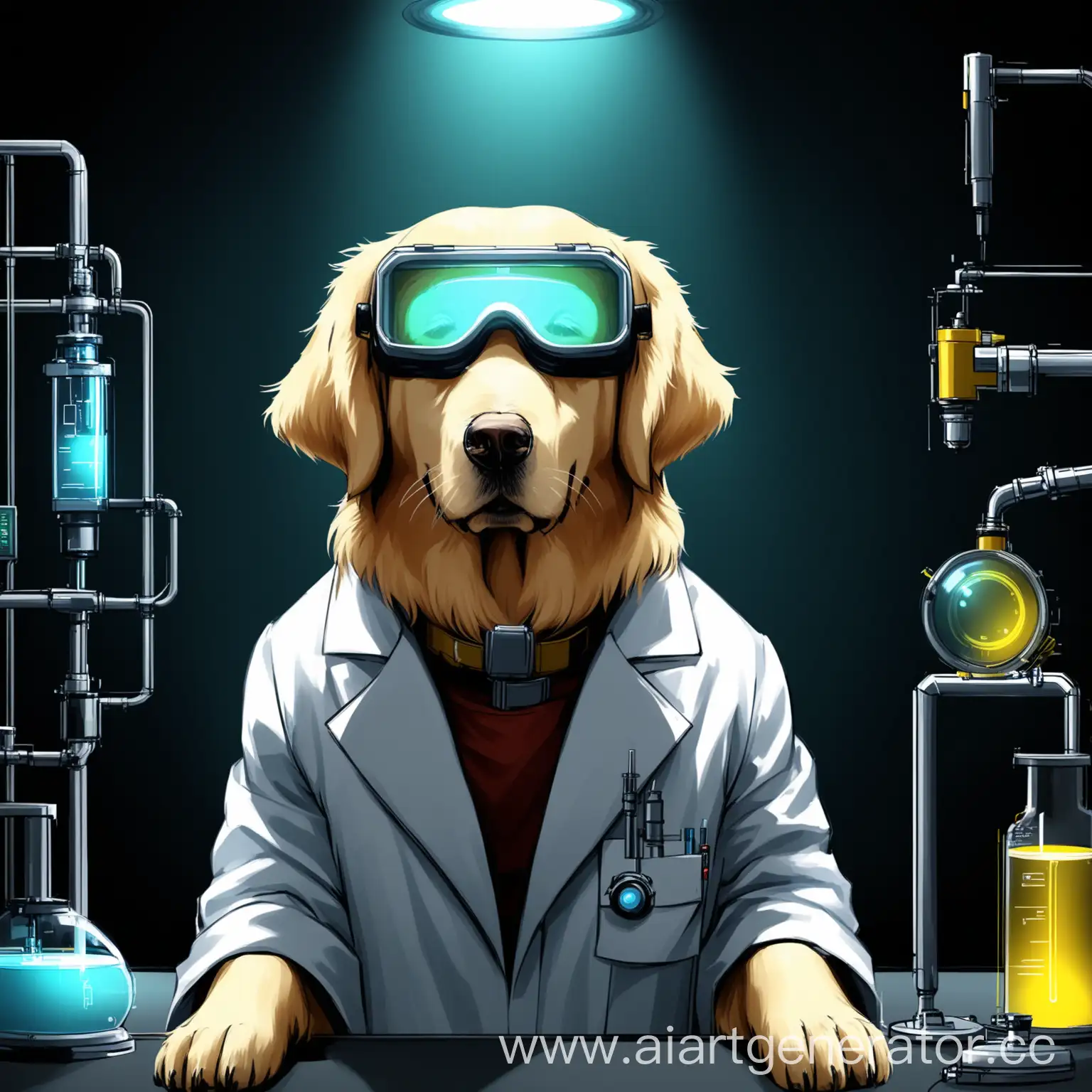 invention technology in the darkness  , a golden retriver wearing lab coat an lab protect goggles.
