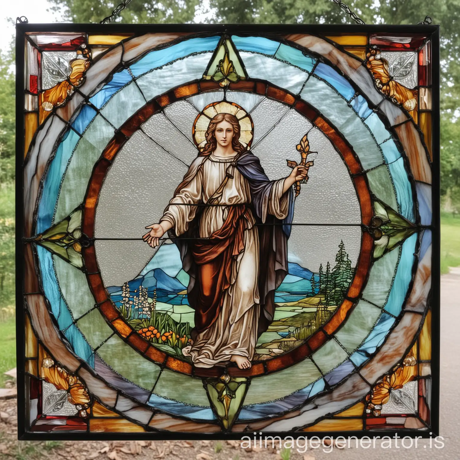 triangle
stained glass
very beautiful 
multicolored 
with the photo of saint Gabriel
