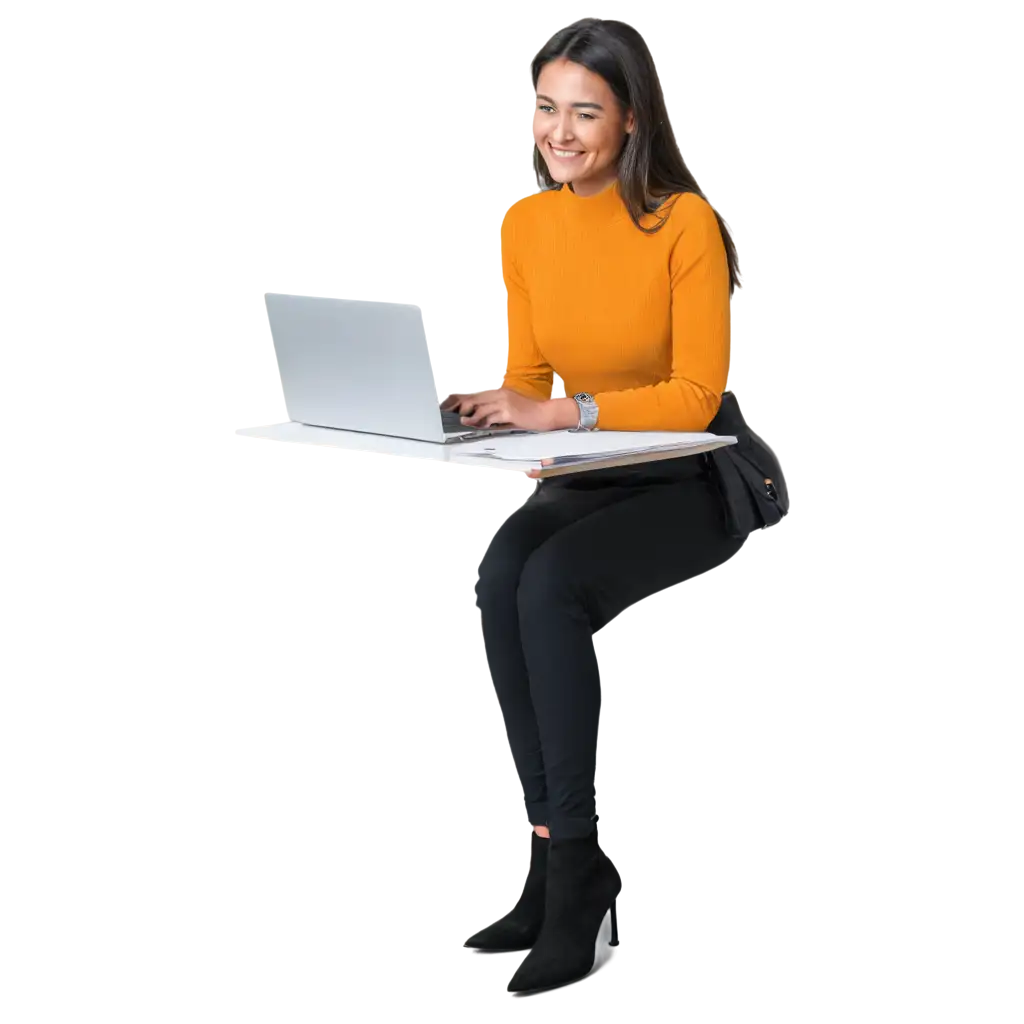 a women sitting on table with laptop and papers looking happy