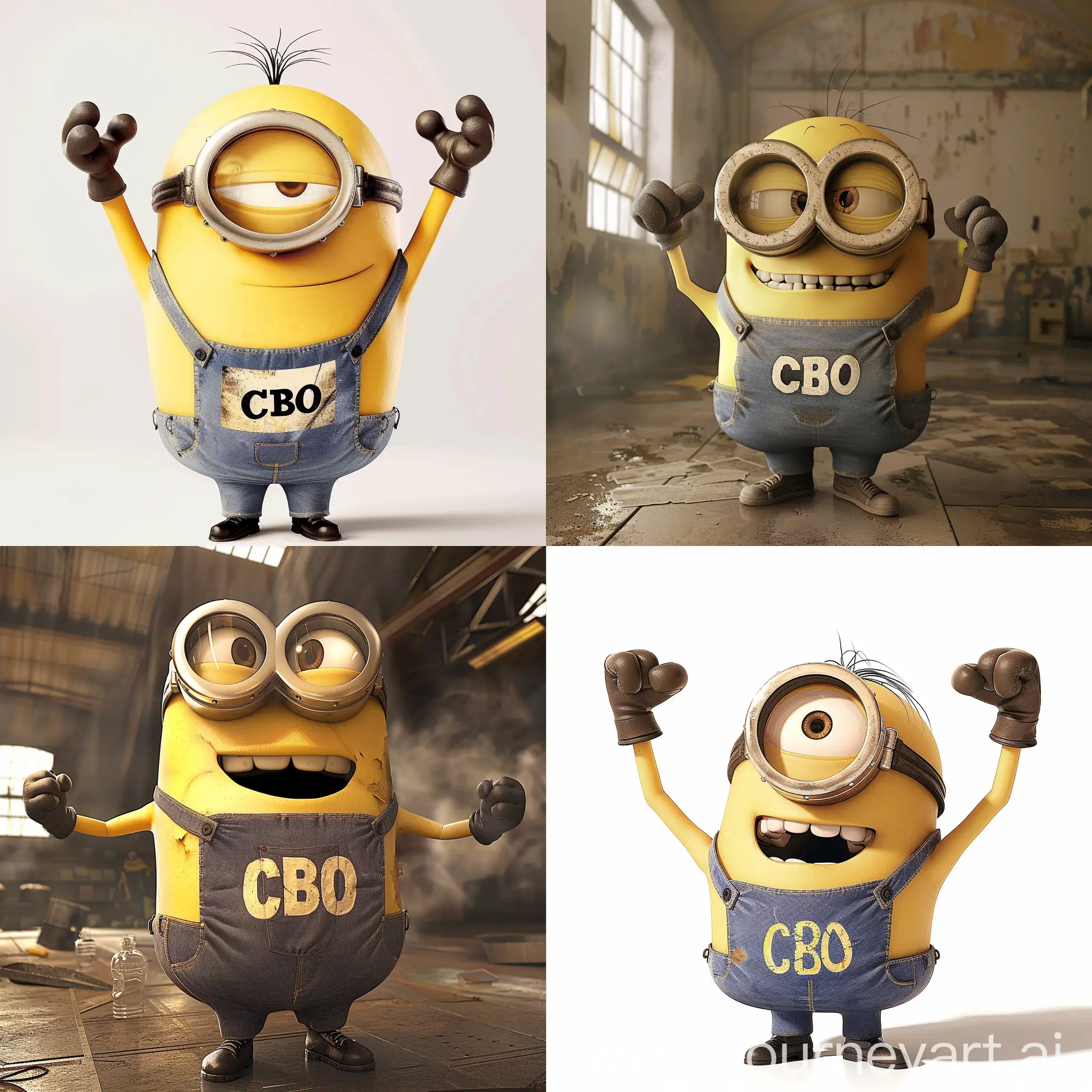 A huge pumped-up minion in a T-shirt with the inscription CBO