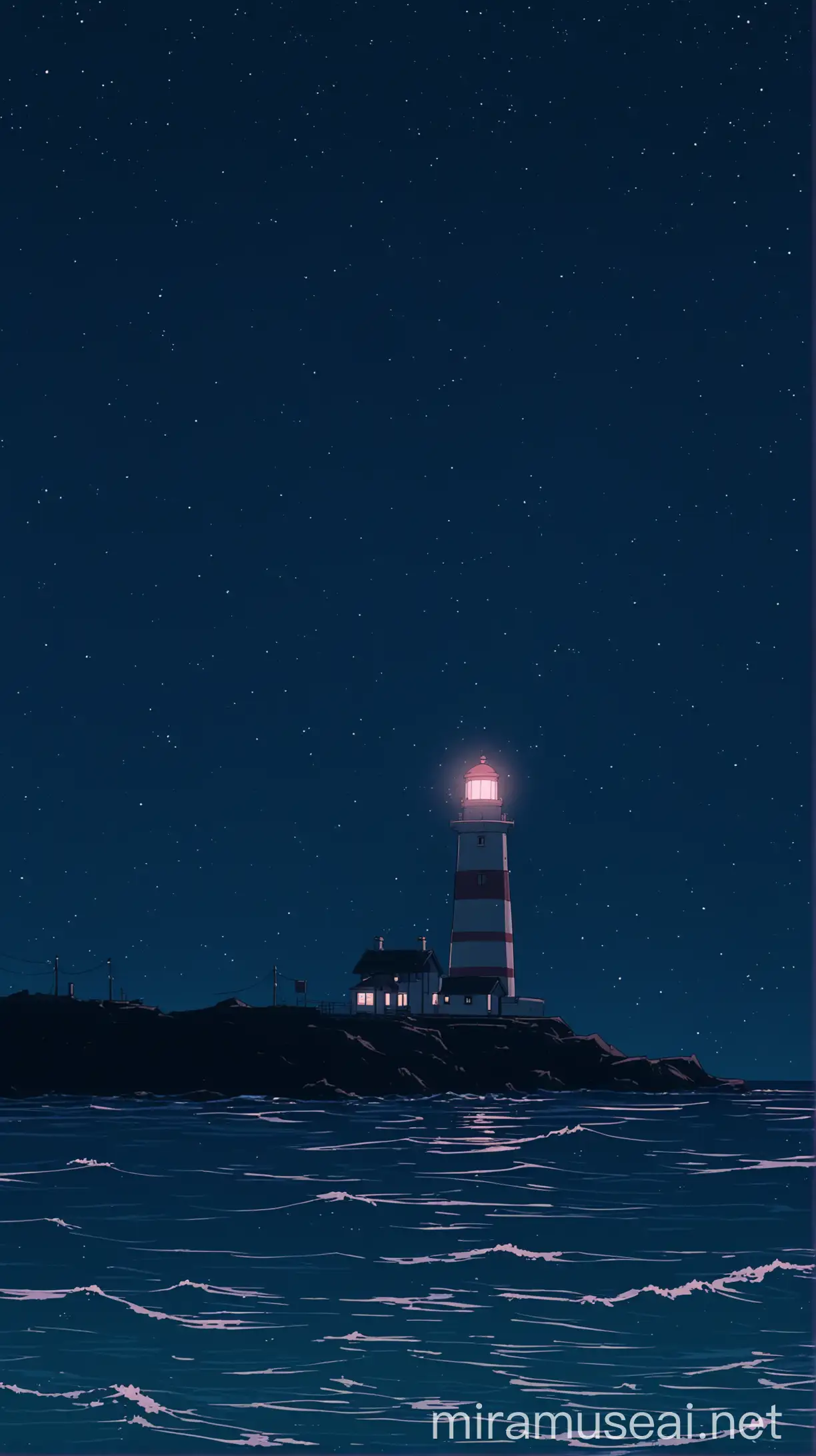 anime cute aesthetic, lighthouse, ocean, midnight, lo-fi