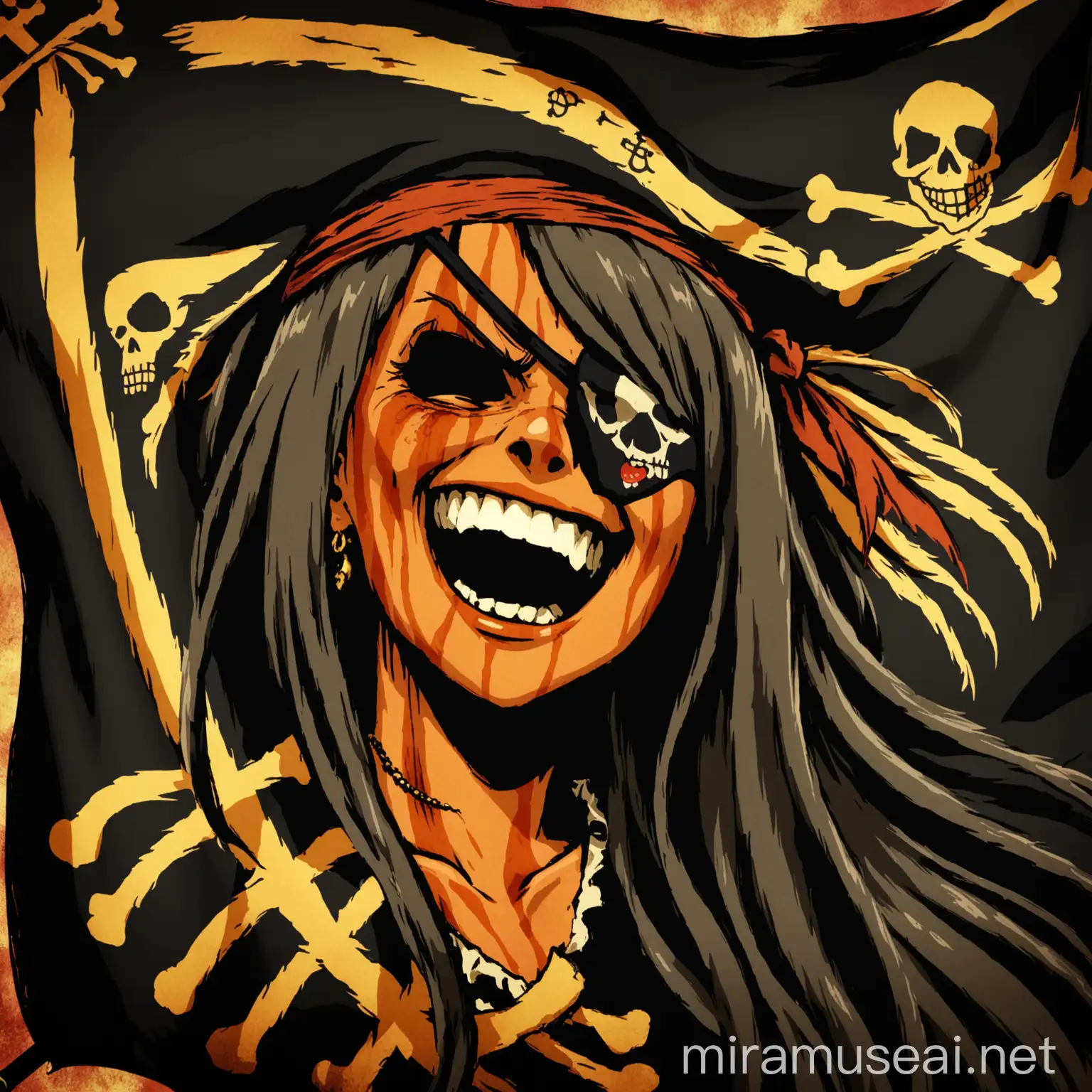 Laughing Woman Pirate with Orange Scars and Black Jolly Roger Flag ...