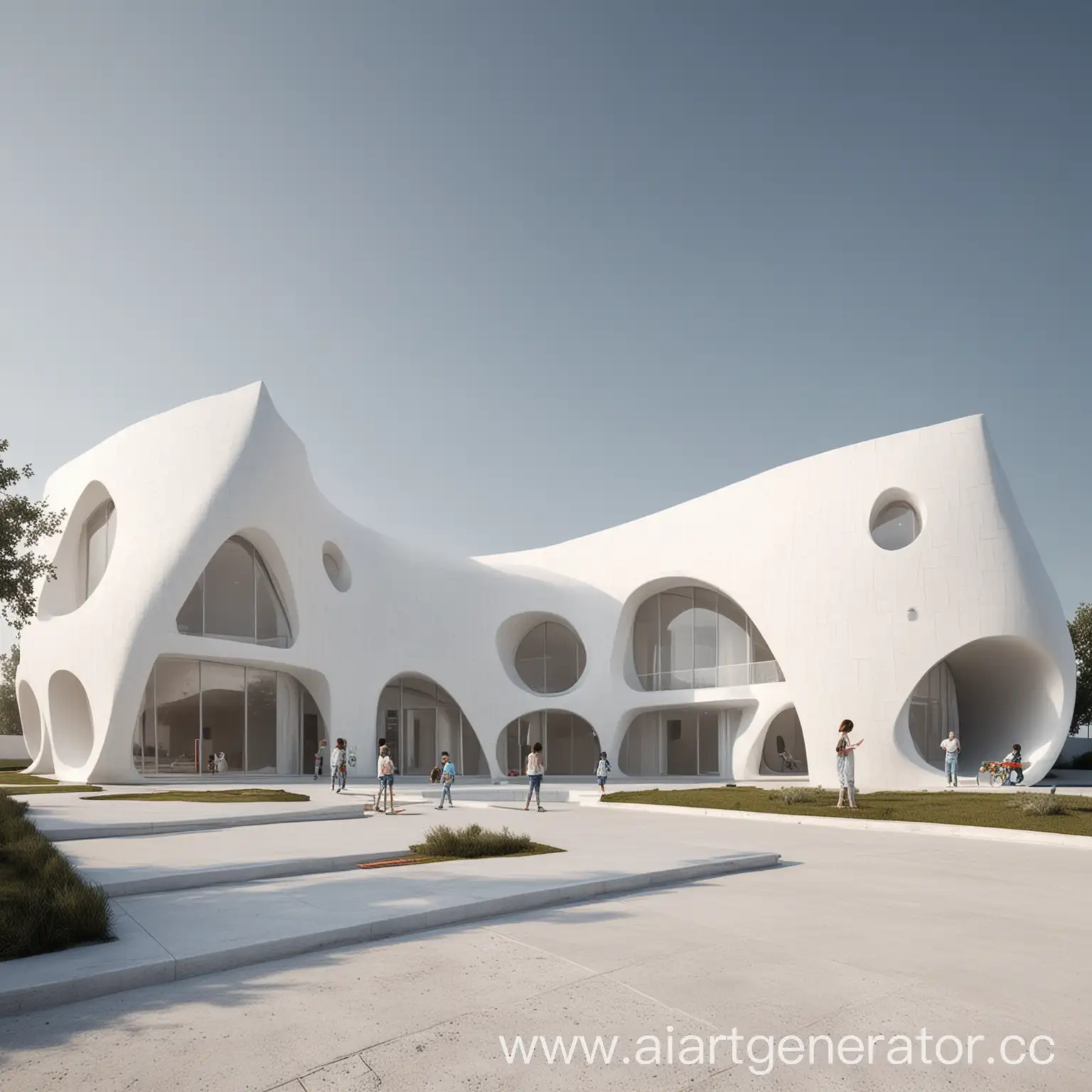 концепт архитектура центр детского творчества в стиле параметризм
и плавные формы в белом цвете снаружи
