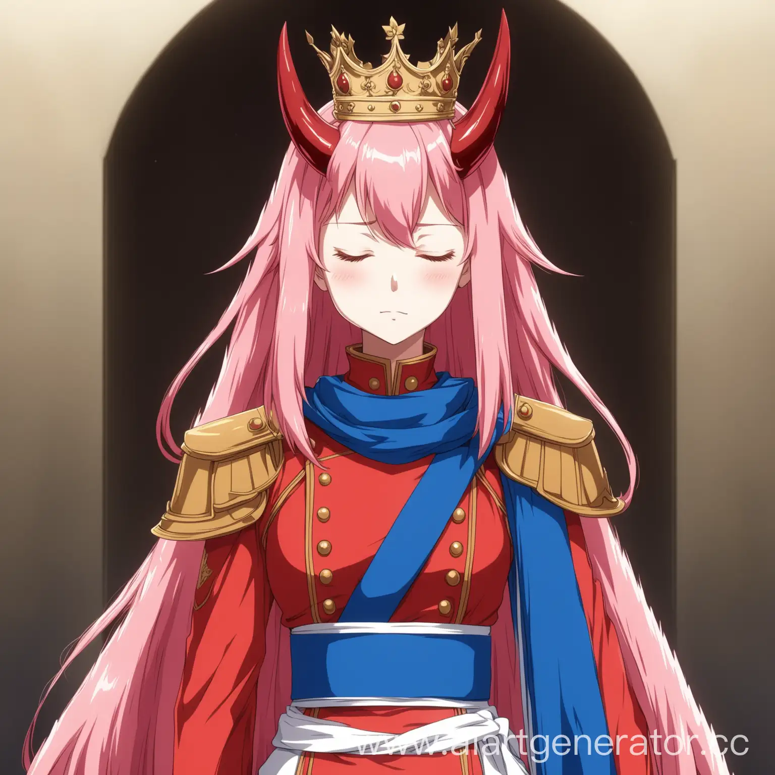 Аниме персонаж с розовыми волосами и красными рожками с закрытыми глазами в форме королевской стражи с синей ленточкой с плеча до пояса 